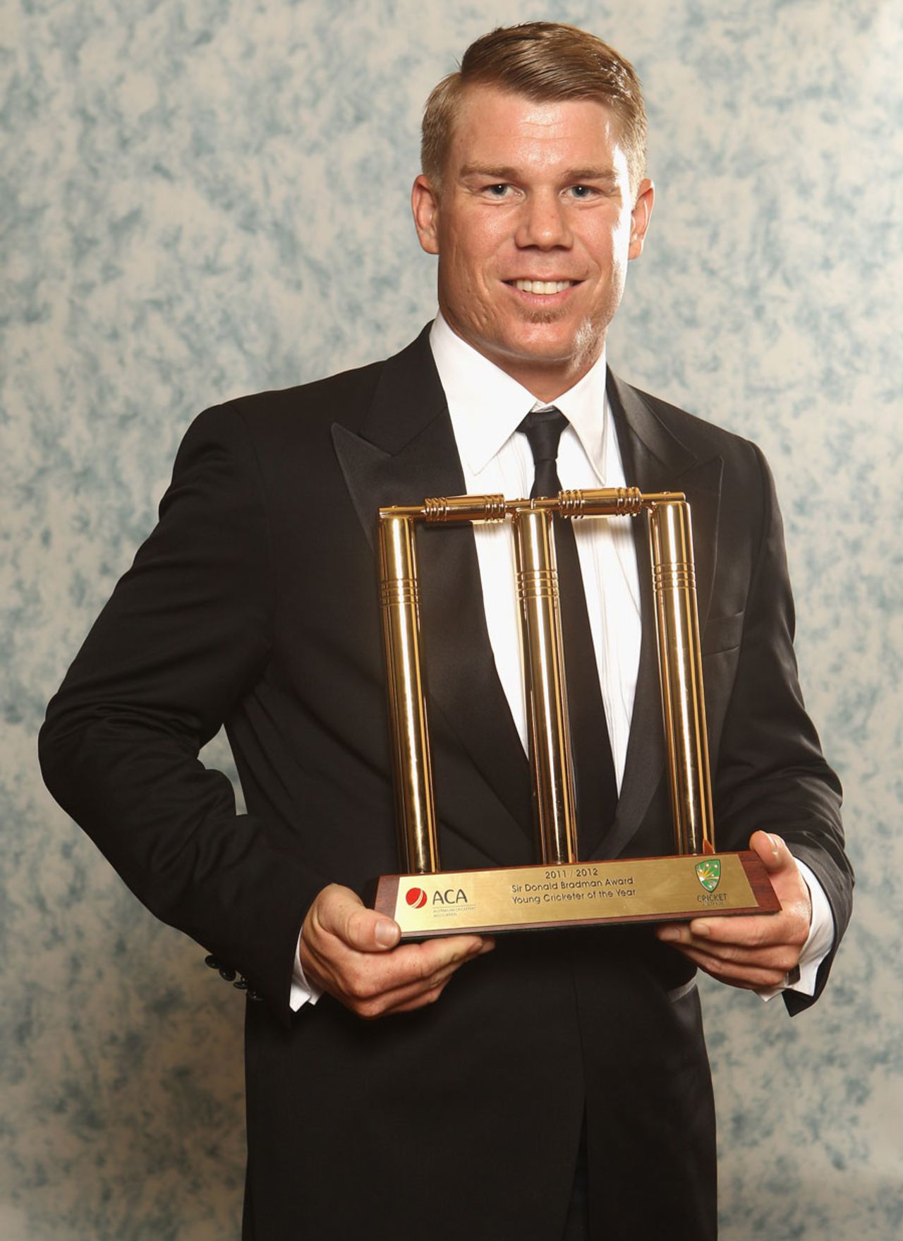 David Warner with the Donald Bradman Award for the best young cricketer at the 2012 Allan Border Medal Awards, Melbourne, February 27, 2012