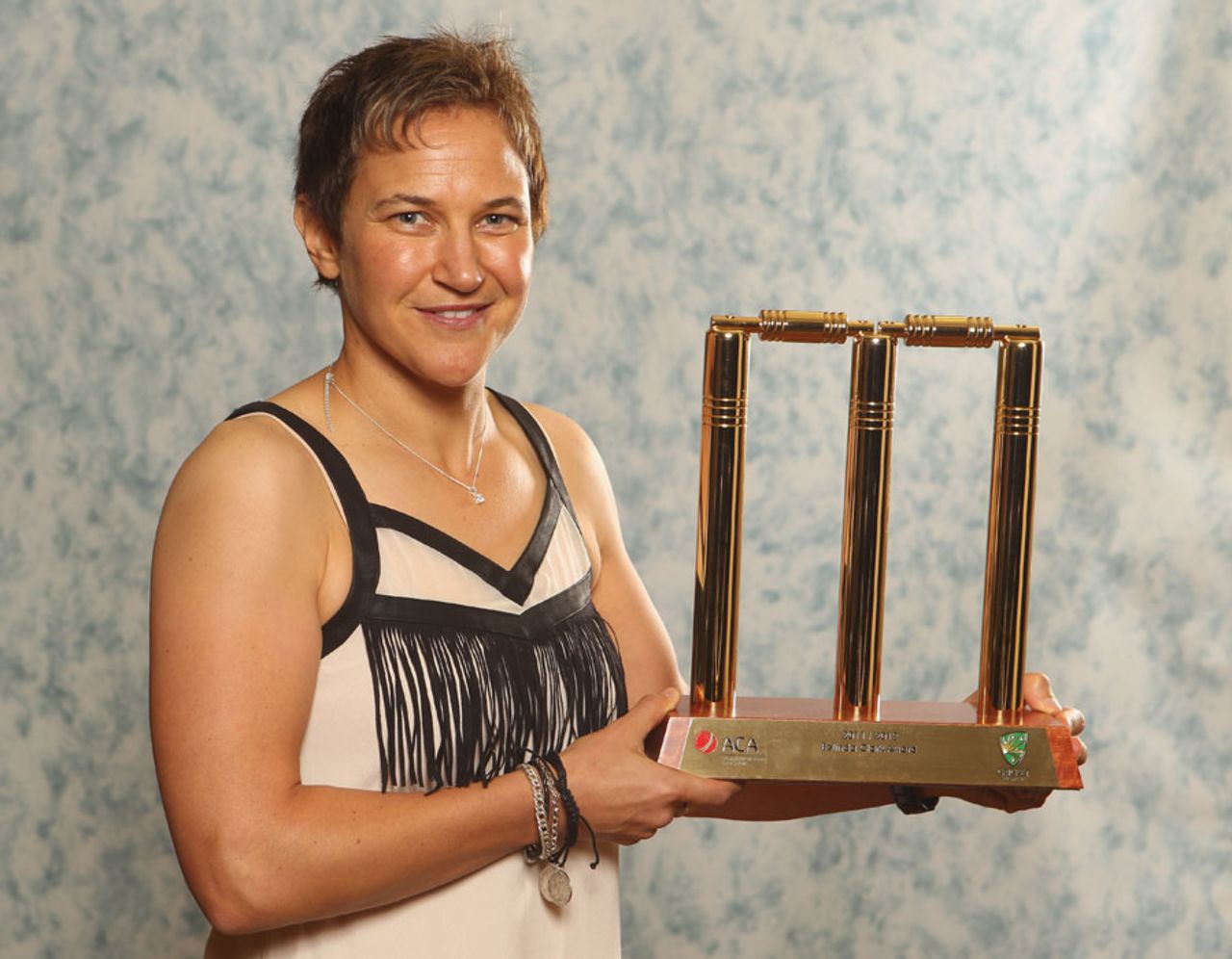 Shelley Nitschke poses with the Belinda Clarke Award trophy at the 2012 Allan Border Medal Awards, Melbourne, February 27, 2012 