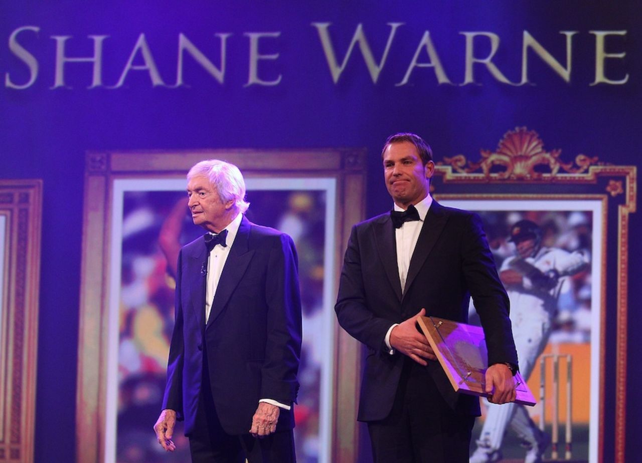 Richie Benaud with Shane Warne, who joined Australian cricket's Hall of Fame, Melbourne, February 27, 2012 