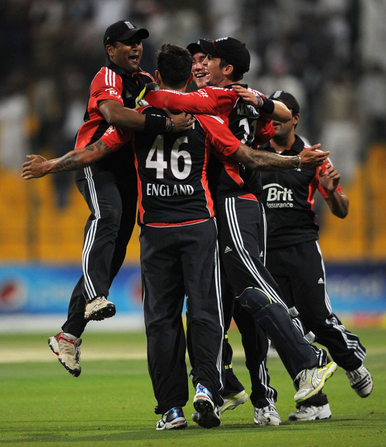 England celebrate their five-run win, Pakistan v England, 3rd Twenty20, Abu Dhabi, February 27, 2012