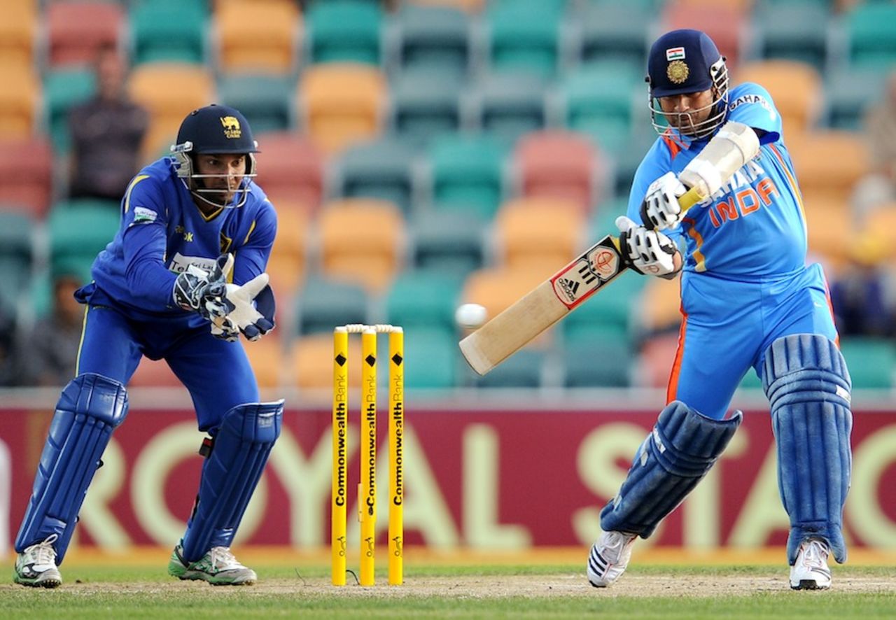 Sachin Tendulkar powers one through the off side, India v Sri Lanka, CB series, Hobart, February 28, 2012