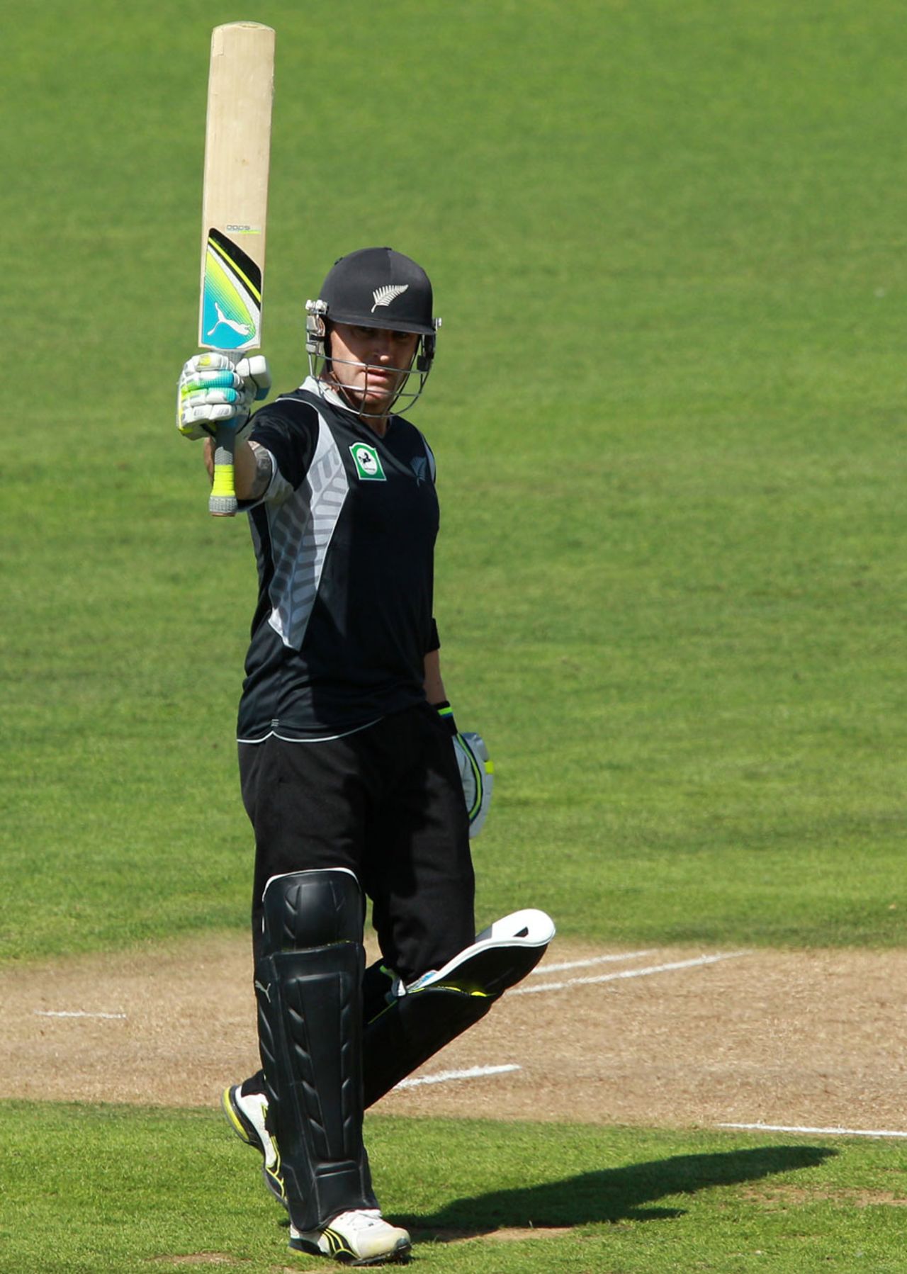 Brendon McCullum raises his bat after reaching his half-century, New Zealand v South Africa, 2nd ODI, Napier, February 29, 2012 
