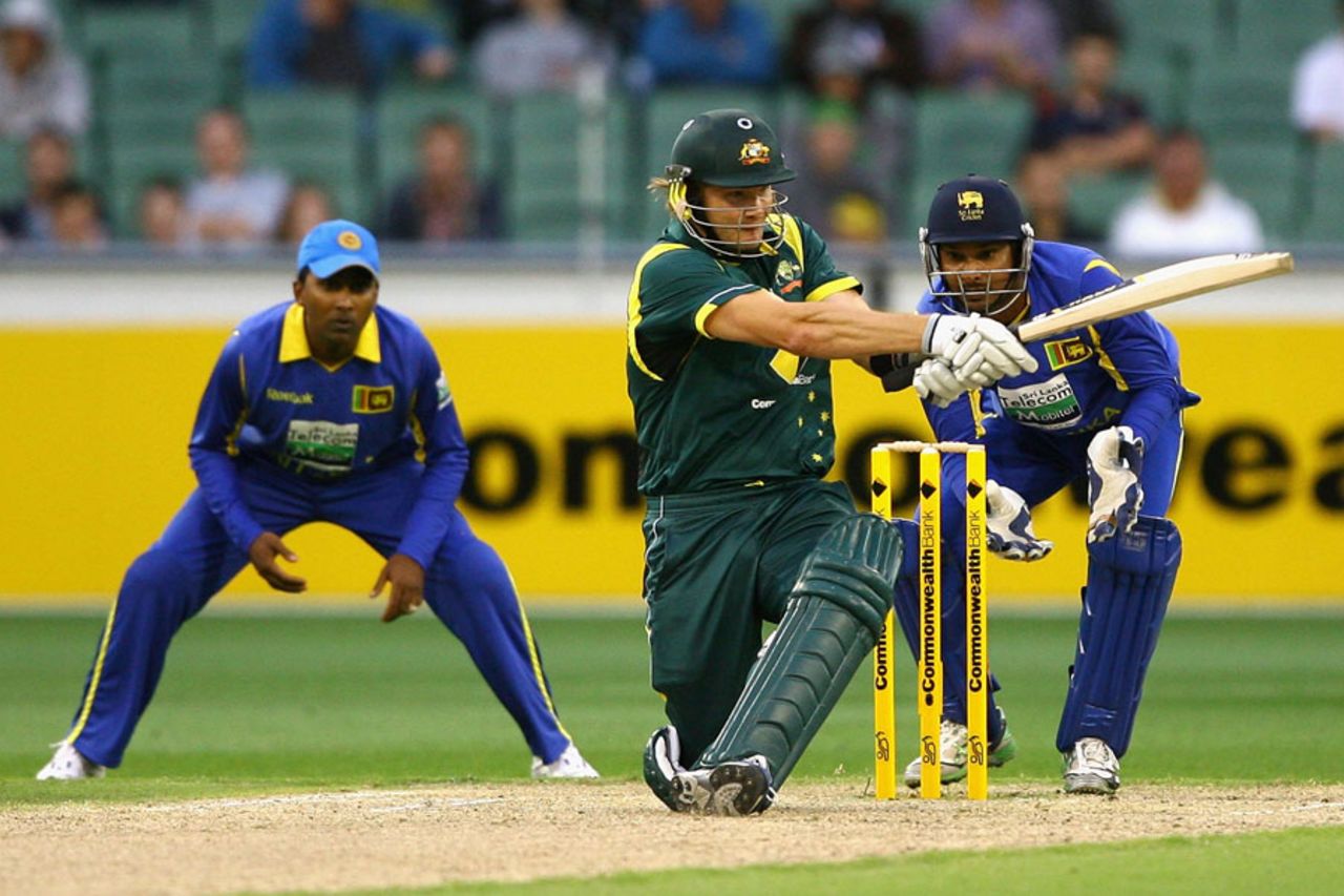 Shane Watson plays a slog-sweep, Australia v Sri Lanka, CB series, Melbourne, March 2, 2012