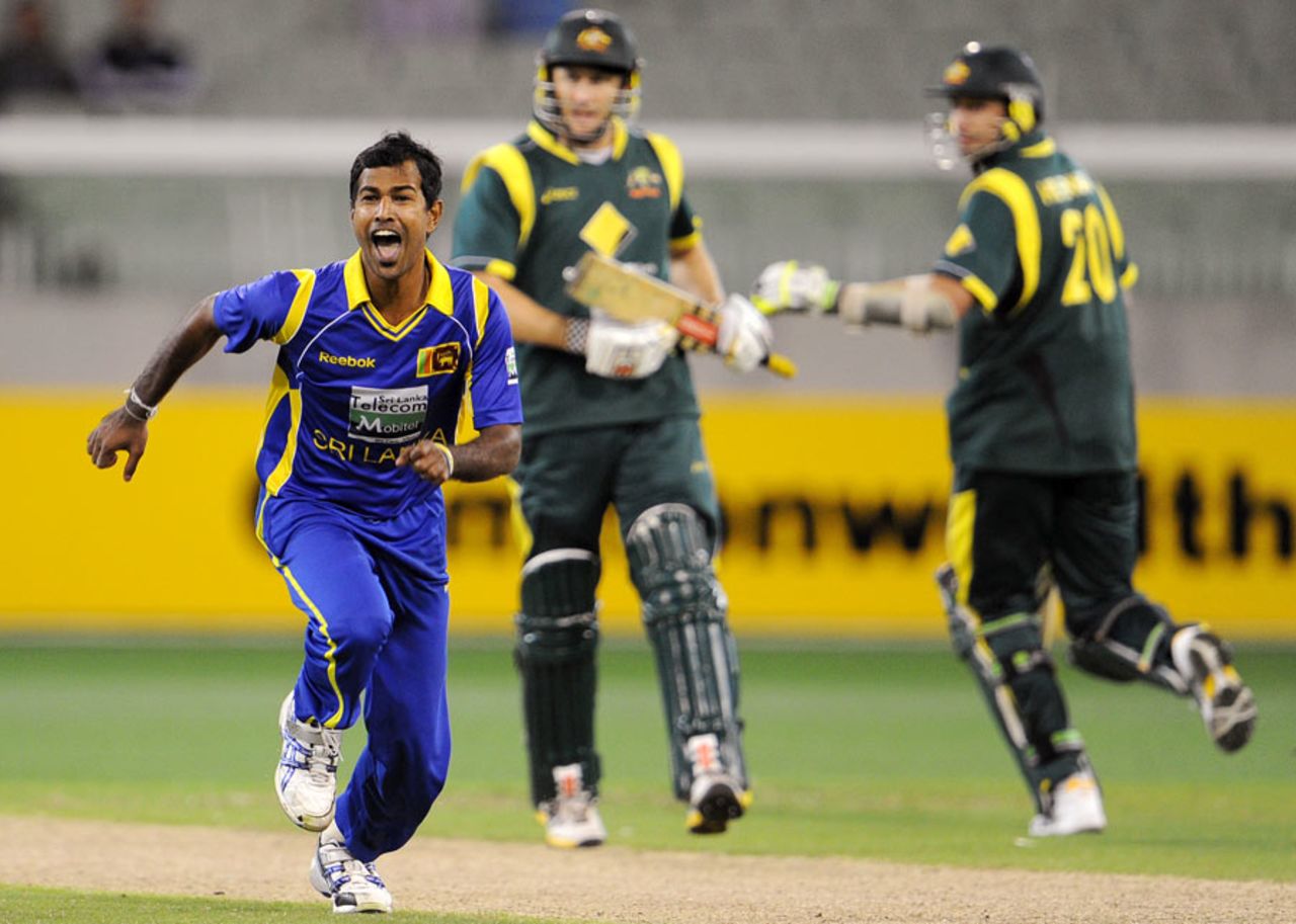 Nuwan Kulasekara after taking the victory-sealing wicket, Australia v Sri Lanka, CB series, Melbourne, March 2, 2012