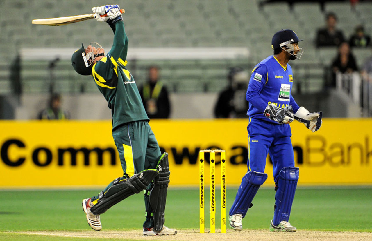 Xavier Doherty reacts after holing out, Australia v Sri Lanka, CB series, Melbourne, March 2, 2012