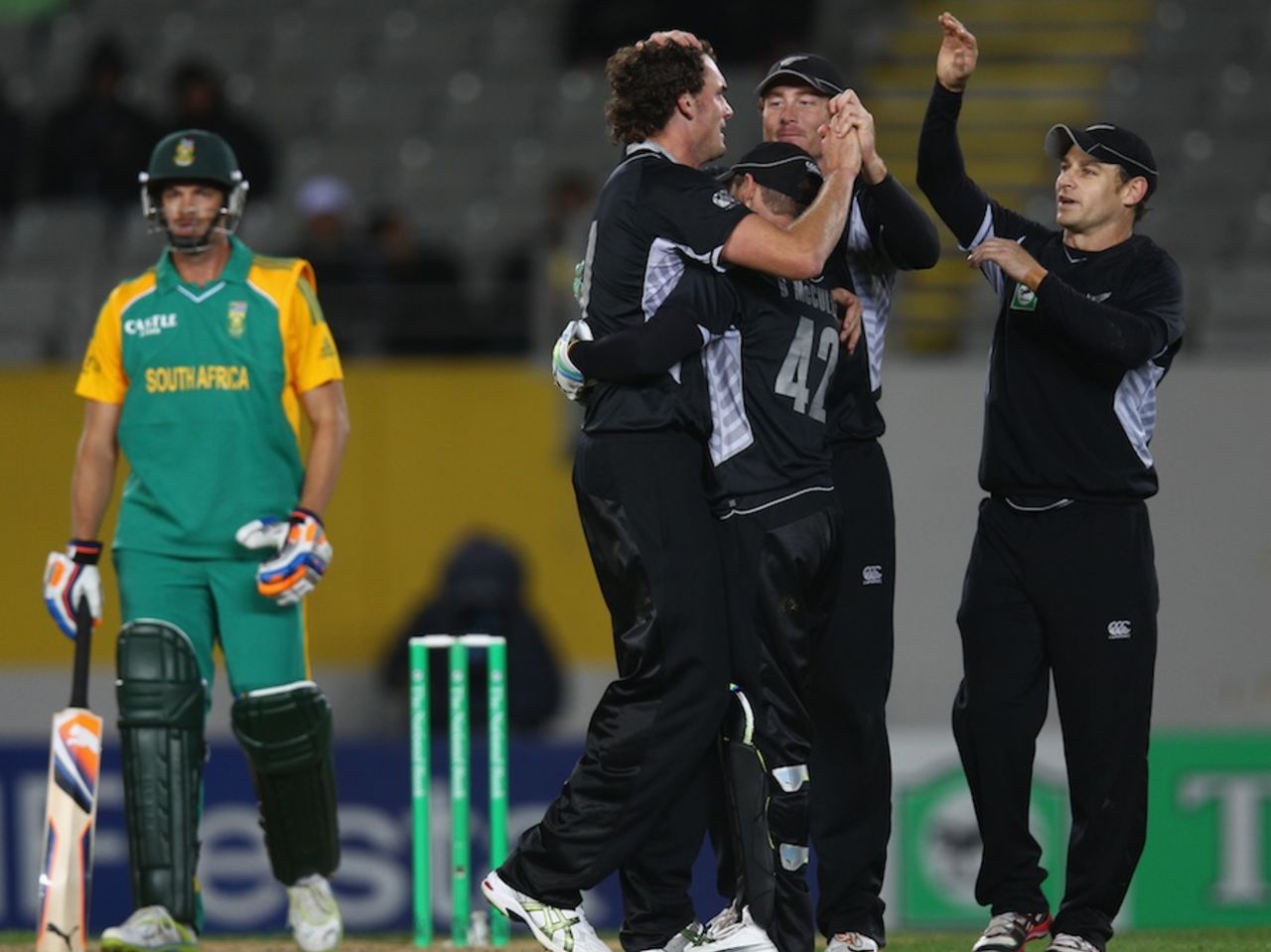 Kyle Mills celebrates his 200th ODI wicket, that of Hashim Amla, New Zealand v South Africa, 3rd ODI, Auckland, March 3, 2012