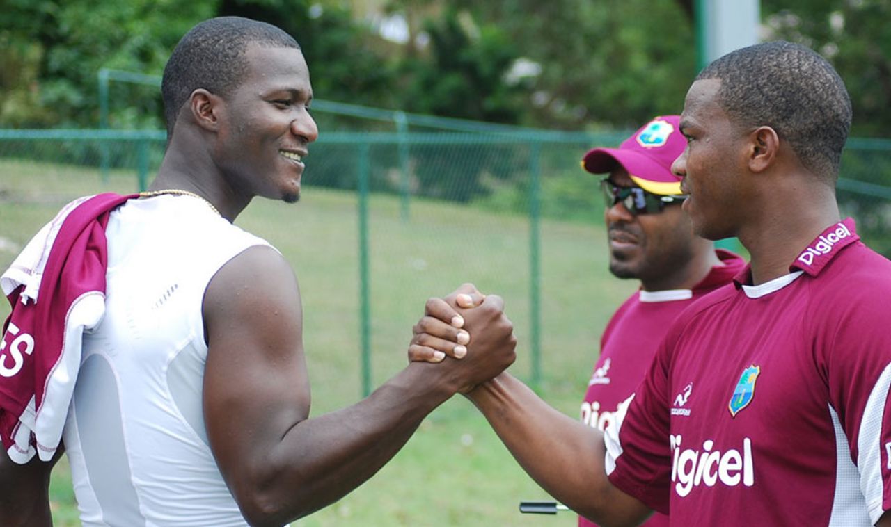 Darren Sammy meets Johnson Charles at the West Indies training camp, Barbados