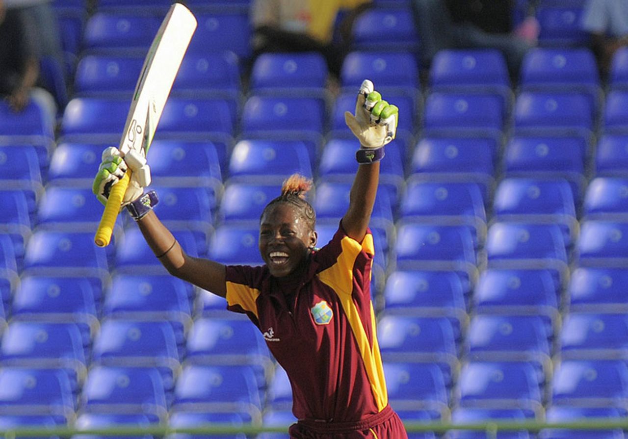 Shemaine Campbelle celebrates after hitting the winning runs, West Indies v India, 3rd women's ODI, St Kitts, March 4, 2012