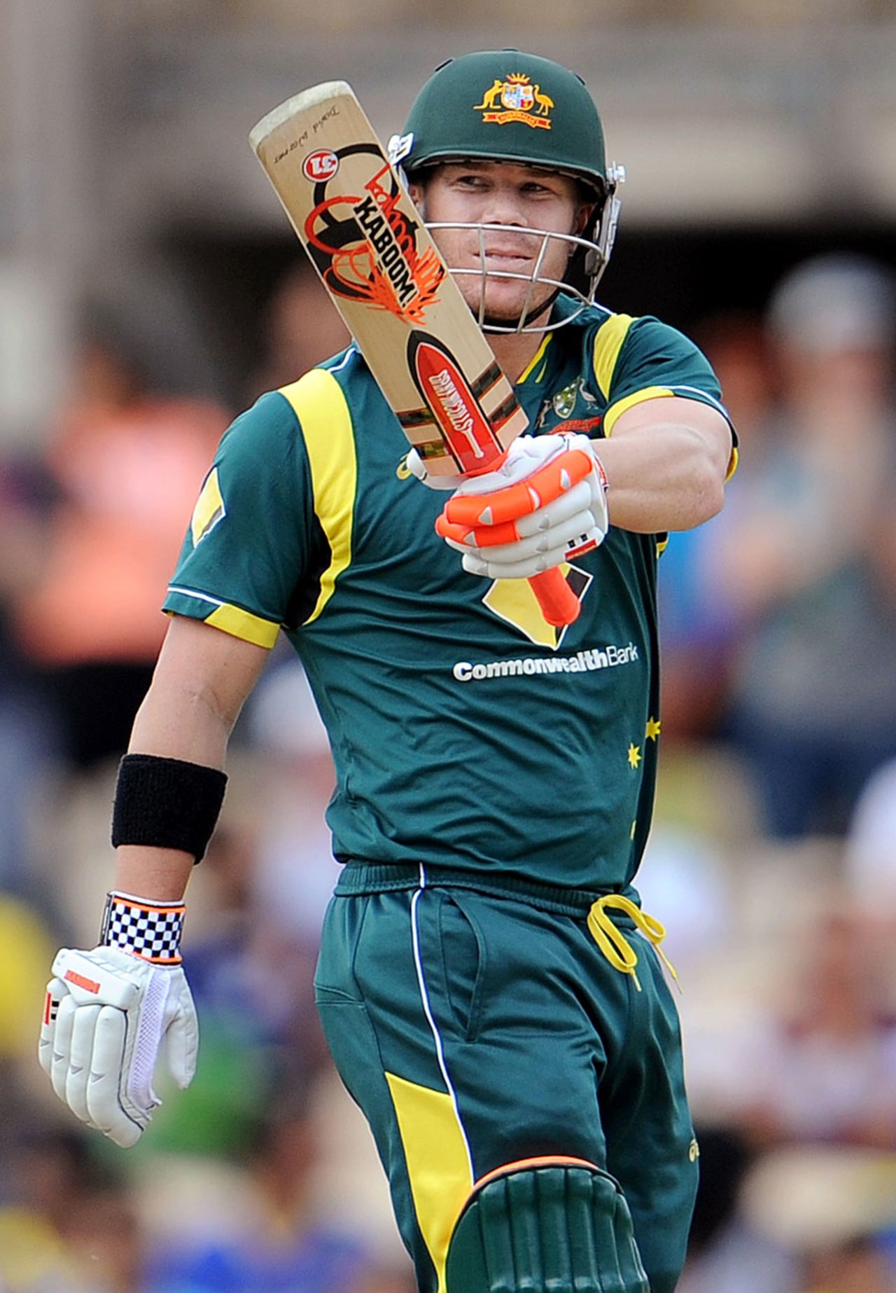 David Warner acknowledges the cheers after completing his ton, Australia v Sri Lanka, Commonwealth Bank Series, 2nd final, Adelaide, March 6, 2012