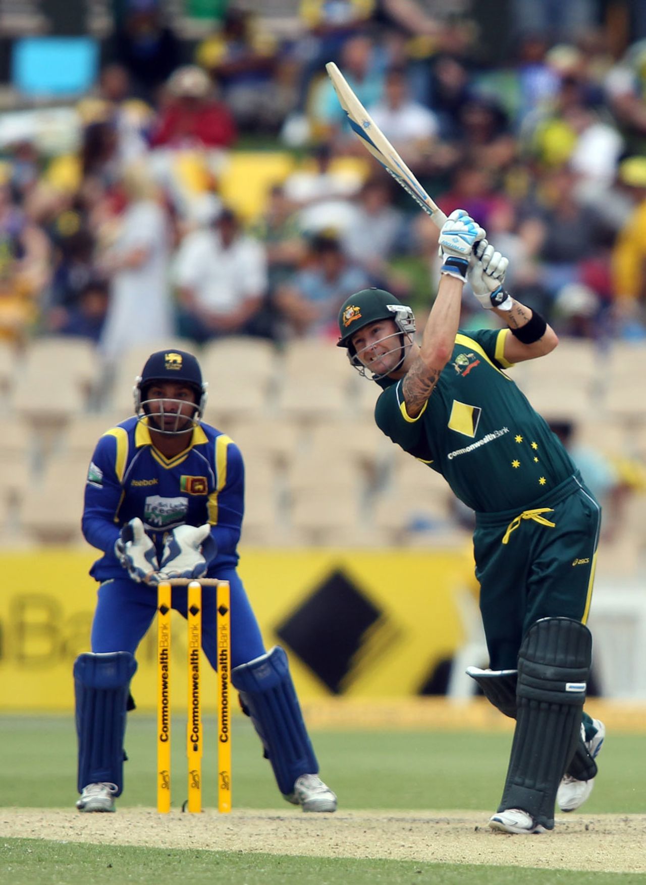 Michael Clarke launches into one, Australia v Sri Lanka, Commonwealth Bank Series, 2nd final, Adelaide, March 6, 2012 