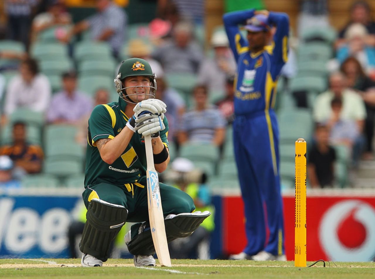 Michael Clarke shows some discomfort during his innings, Australia v Sri Lanka, Commonwealth Bank Series, 2nd final, Adelaide, March 6, 2012 