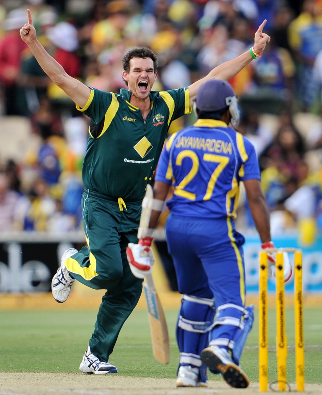 Clint McKay celebrates a wicket only to find out he had overstepped, Australia v Sri Lanka, Commonwealth Bank Series, 2nd final, Adelaide, March 6, 2012 