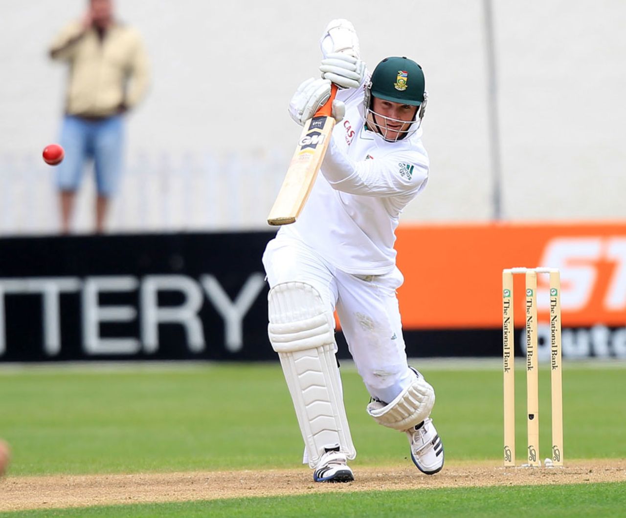 Graeme Smith drives on his way to a half-century, New Zealand v South Africa, 1st Test, Dunedin, 1st day, March 7, 2012