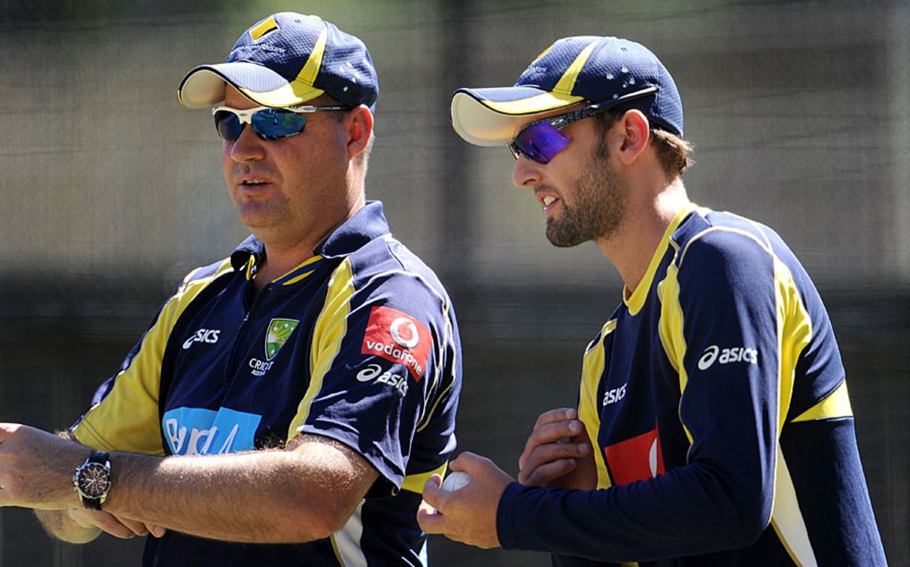 Nathan Lyon has a chat with Mickey Arthur, Adelaide, March 7, 2012