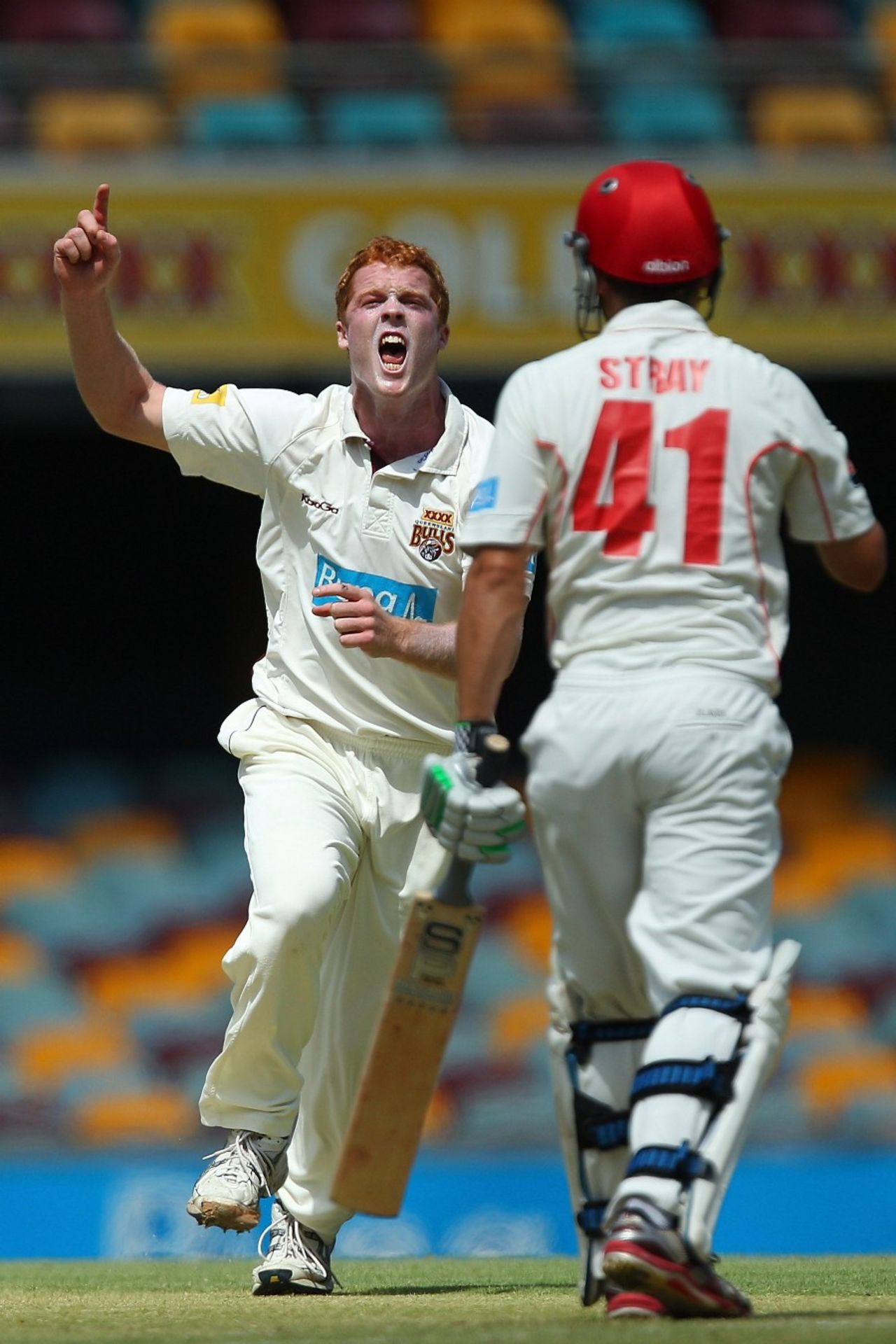 Alister McDermott celebrates a wicket, Queensland v South Australia, Sheffield Shield, Brisbane, 1st day, March 8, 2012