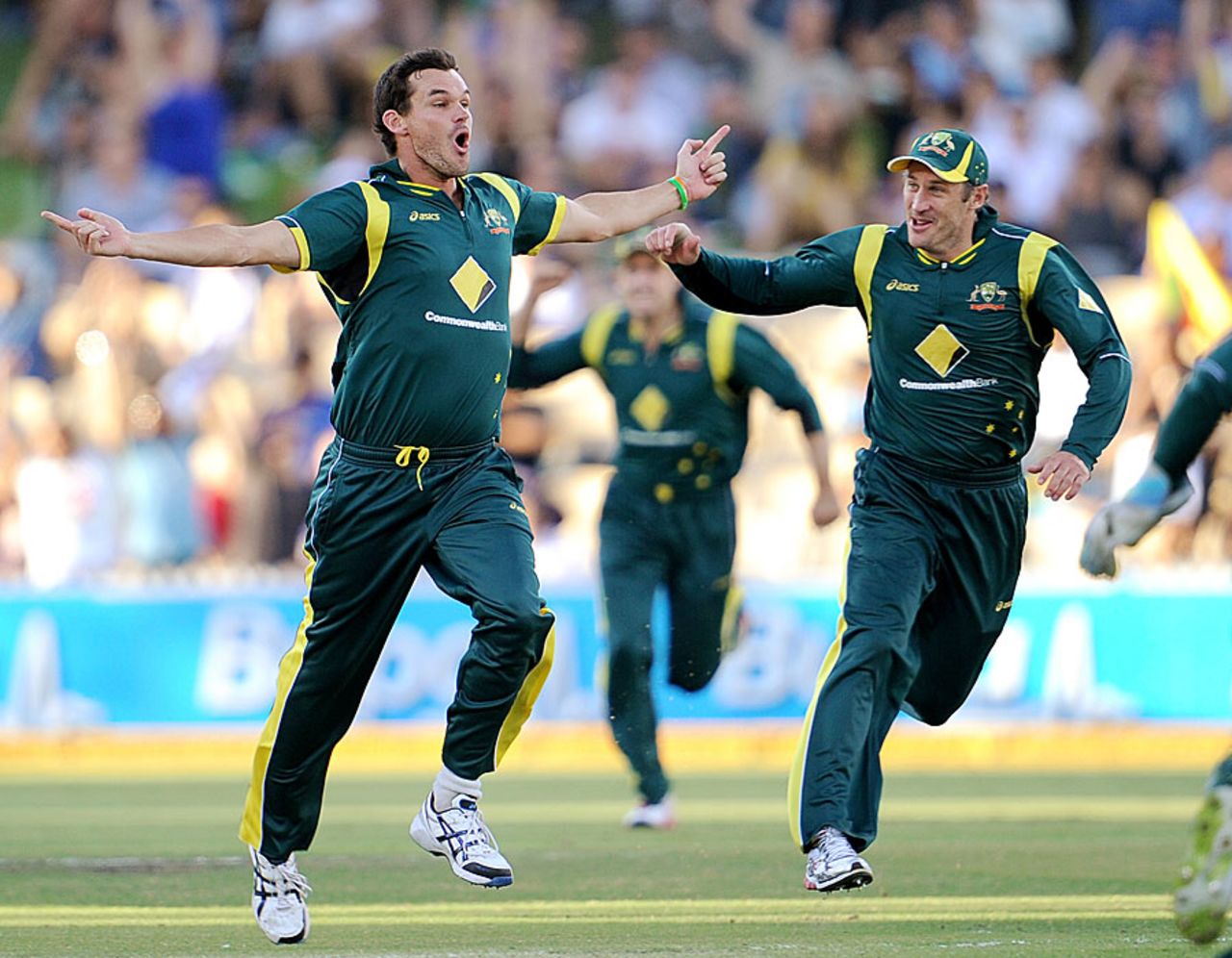 Clint McKay is pumped up after a wicket, Australia v Sri Lanka, CB Series, 3rd final, Adelaide, March 8, 2012