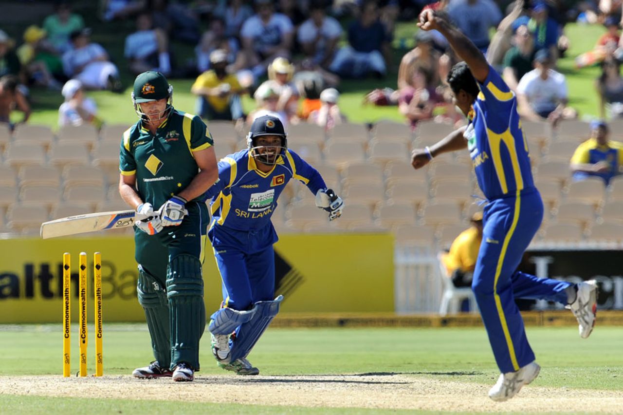 Rangana Herath had Peter Forrest bowled, Australia v Sri Lanka, CB Series, 3rd final, Adelaide, March 8, 2012