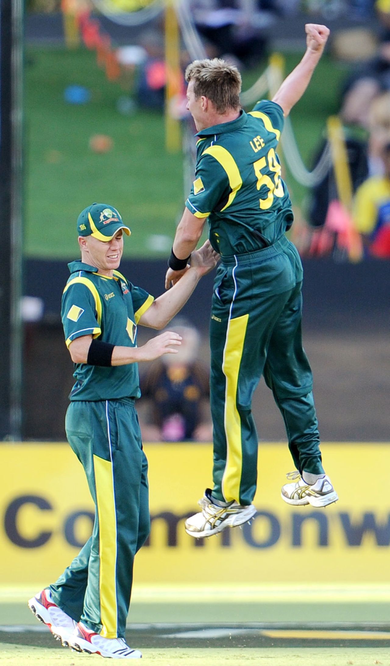 Brett Lee is ecstatic after a wicket, Australia v Sri Lanka, CB Series, 3rd final, Adelaide, March 8, 2012