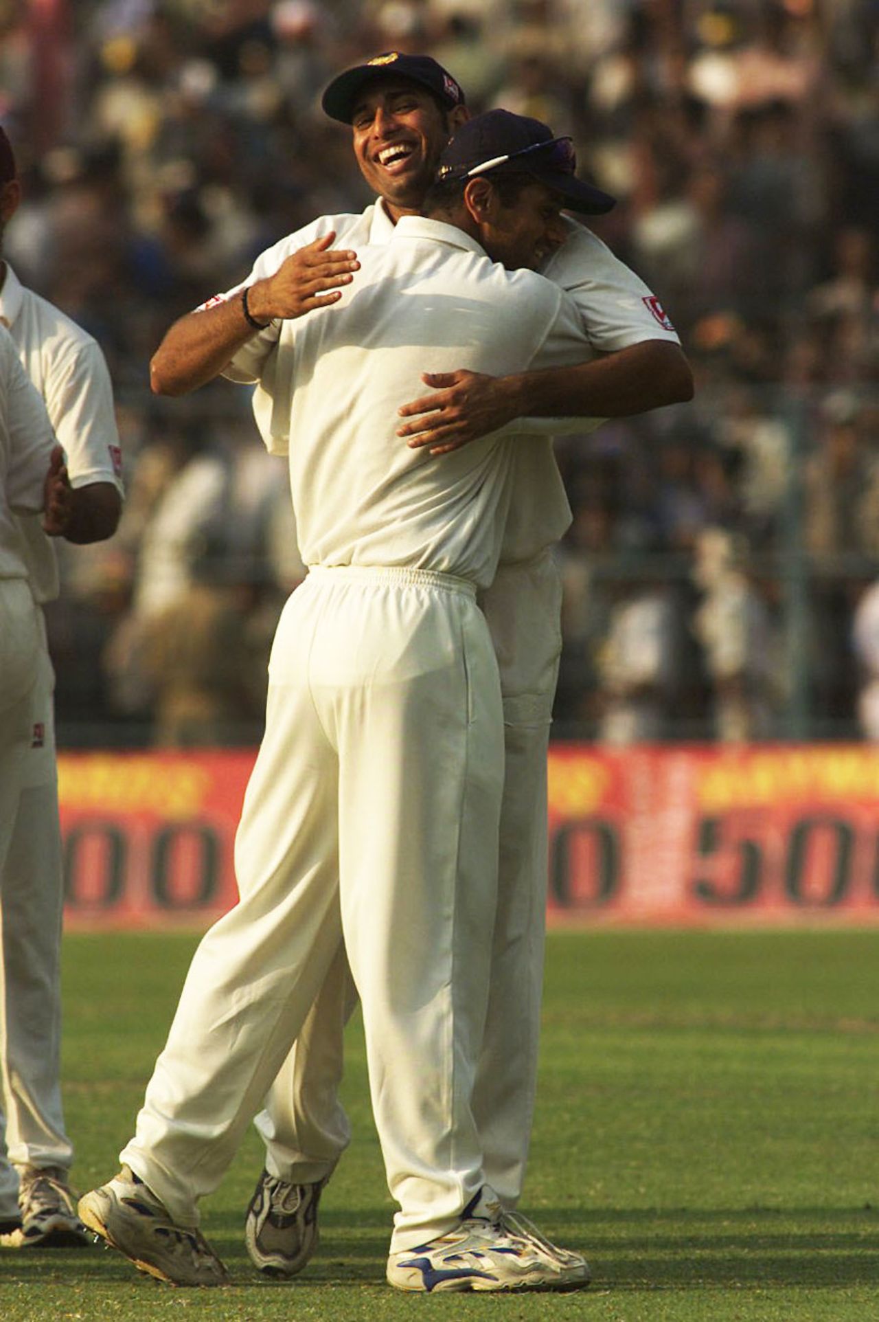 VVS Laxman and Rahul Dravid celebrate India's win, India v Australia, 2nd Test, Kolkata, 4th day, March 15, 2001