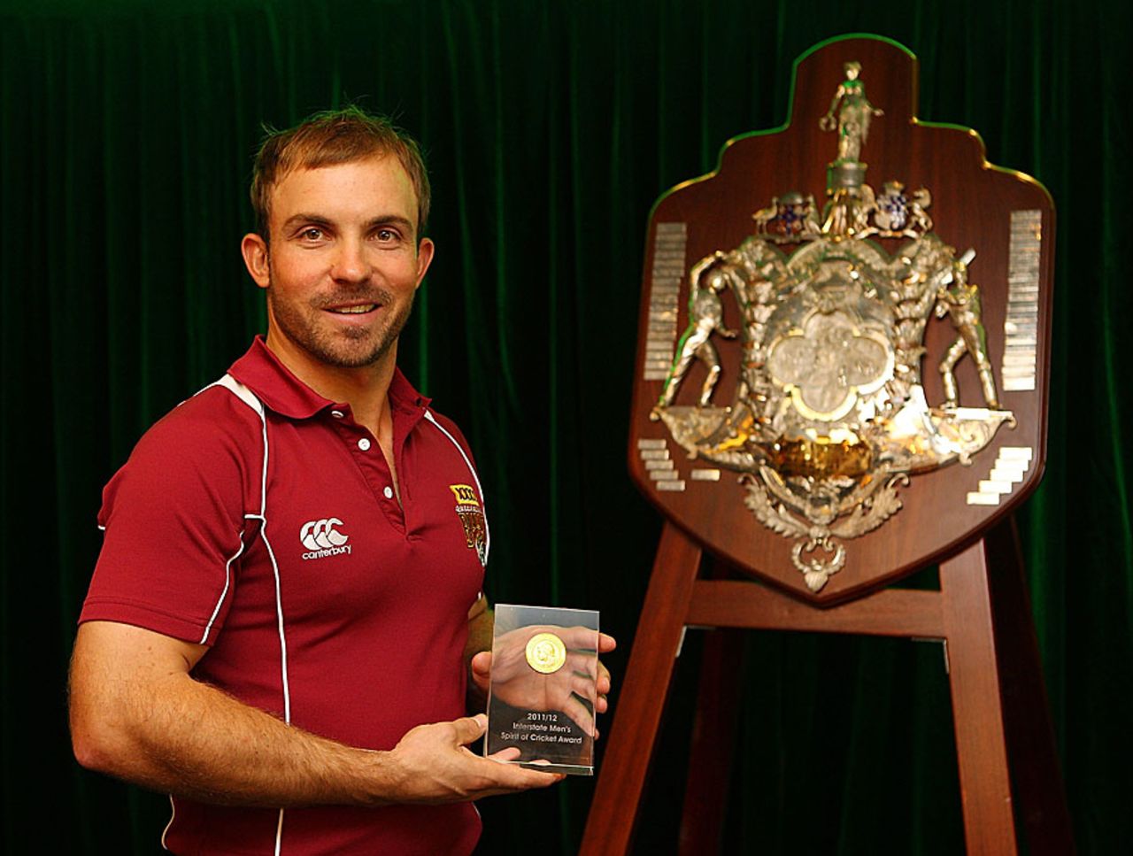 Chris Hartley with Queensland's Benaud Spirit of Cricket at the 2012 State Cricket Awards, Brisbane, March 14, 2012
