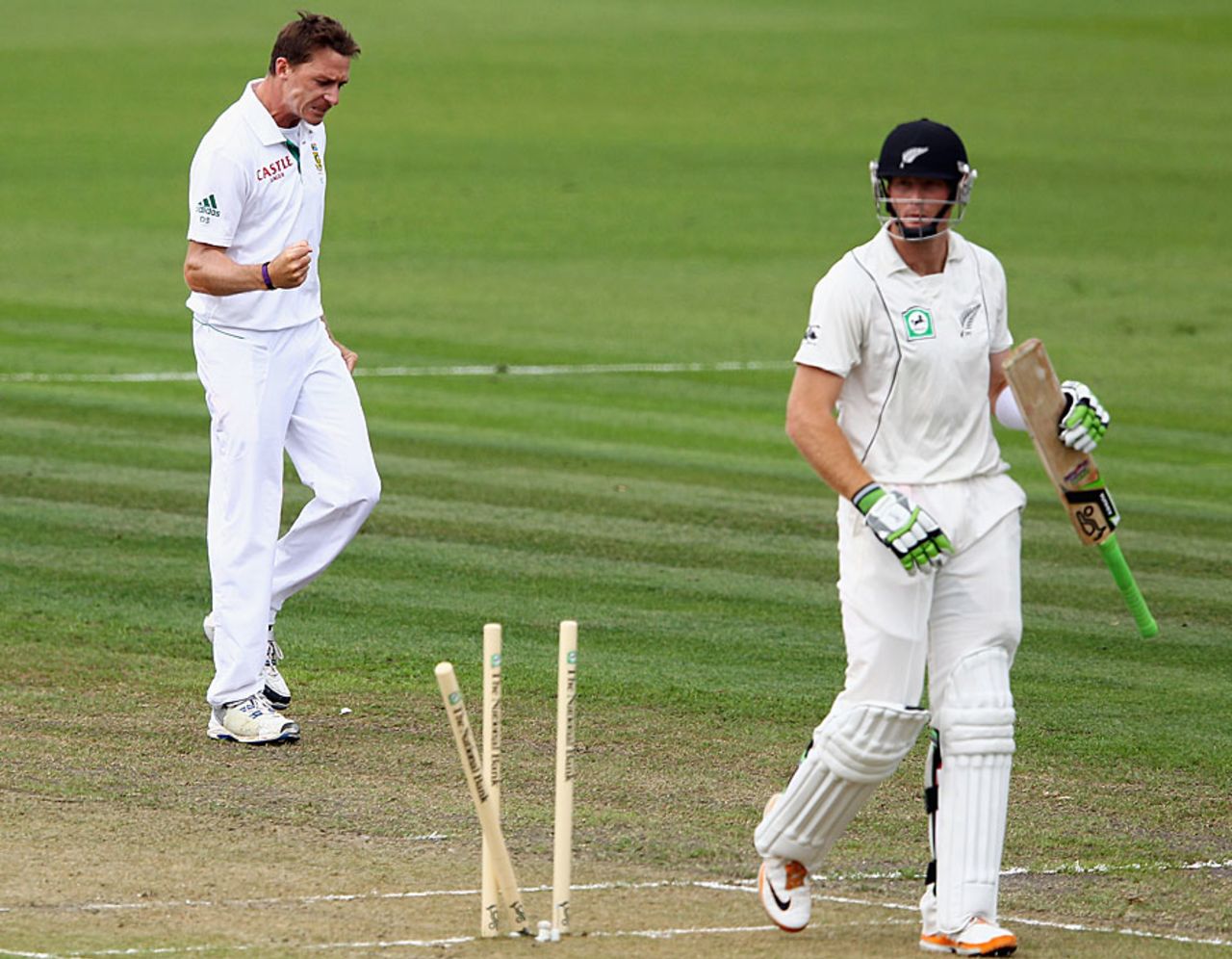 Dale Steyn is pumped up after bowling Martin Guptill, New Zealand v South Africa, 2nd Test, Hamilton, 1st day, March 15, 2012