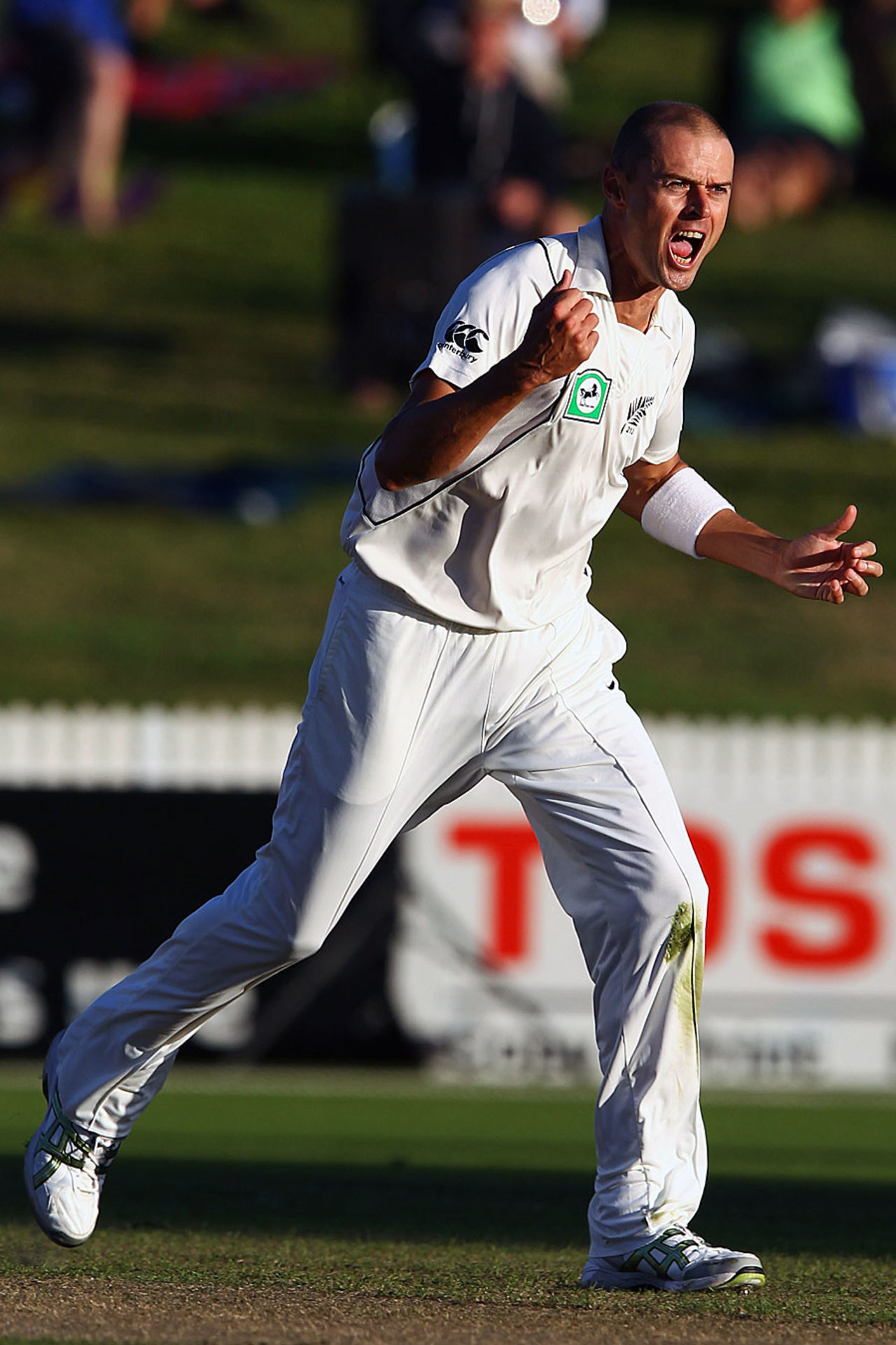 Chris Martin is pumped up after an early wicket, New Zealand v South Africa, 2nd Test, Hamilton, 1st day, March 15, 2012