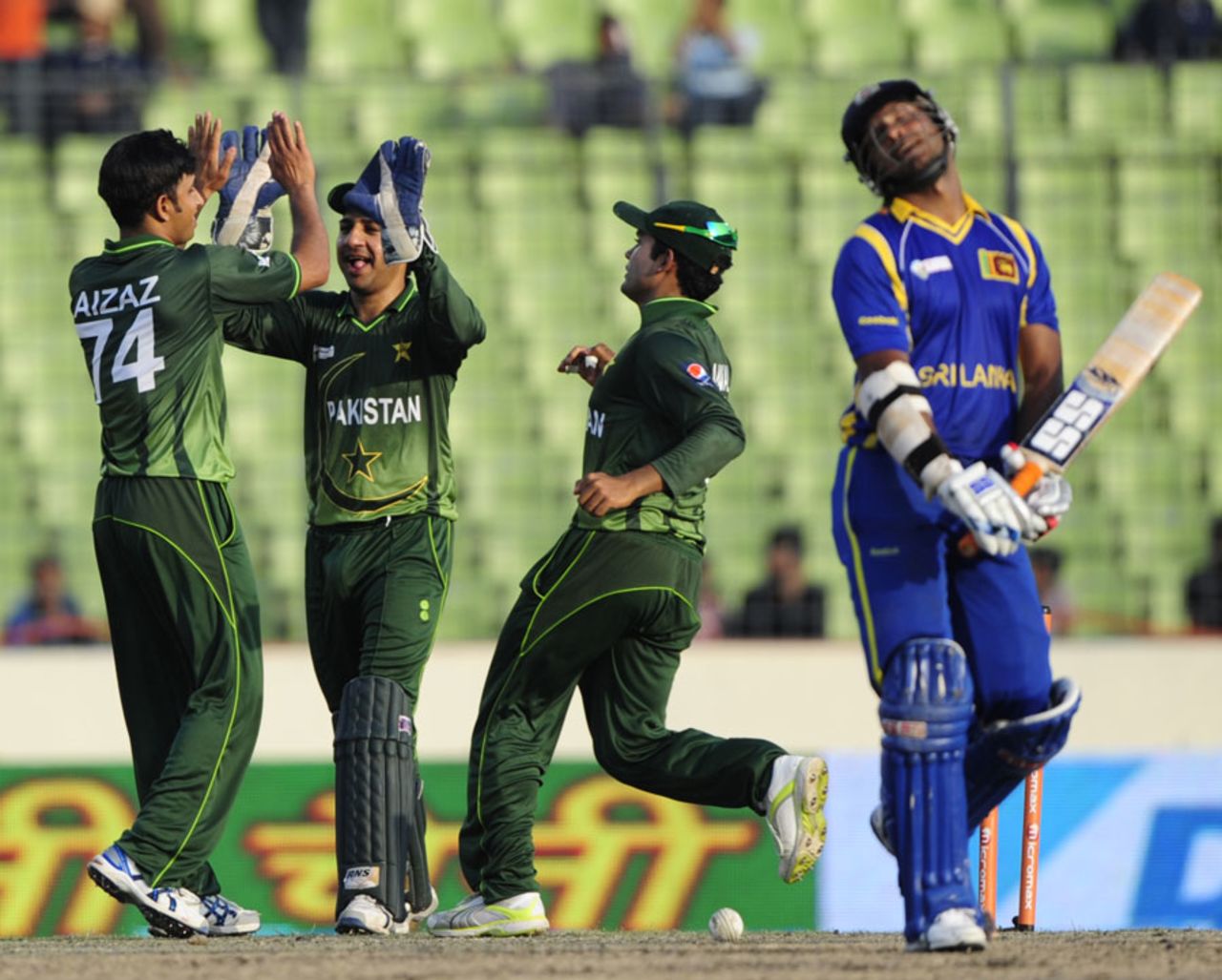 Kumar Sangakkara is dismissed by Aizaz Cheema, Pakistan v Sri Lanka, Asia Cup, Mirpur, March 15, 2012