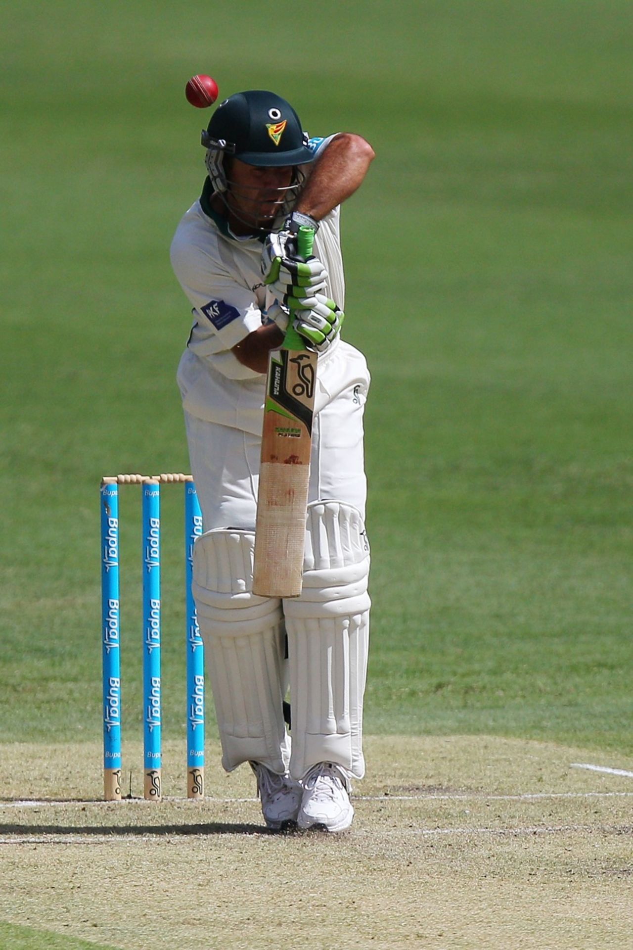 Ricky Ponting plays the ball that dismissed him, Queensland v Tasmania, Sheffield Shield Final, first day, Brisbane, March 16 2012
