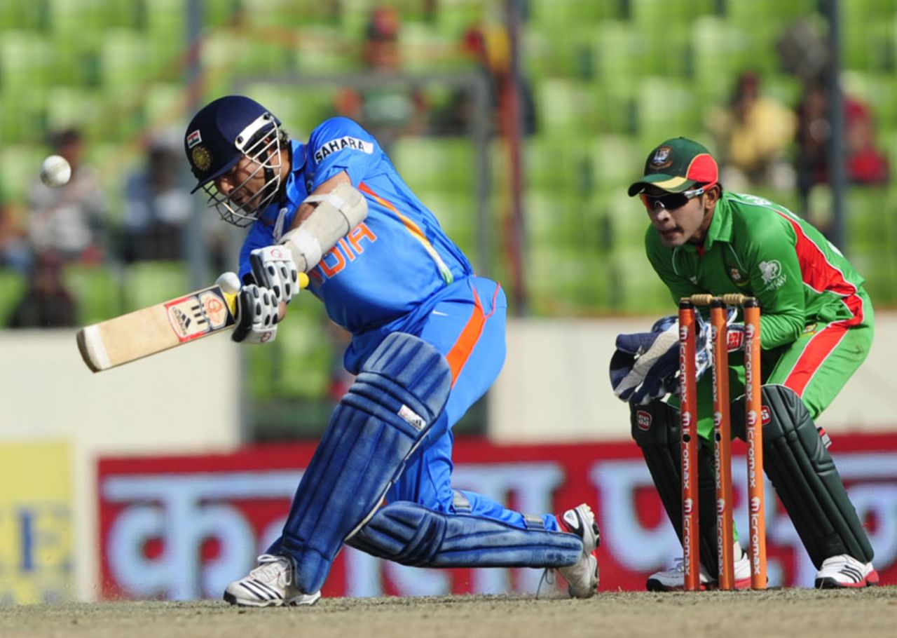 Sachin Tendulkar plays an aggressive stroke, Bangladesh v India, Asia Cup, Mirpur, March 16, 2012