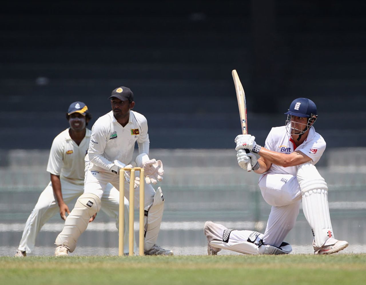 Alastair Cook sweeps during his hundred, Sri Lanka Board XI v England XI, Colombo, March 16, 2012