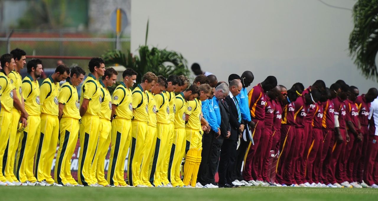 The teams keep a minute's silence in remembrance of Runako Morton, West Indies v Australia, 1st ODI, St Vincent, March 16, 2012