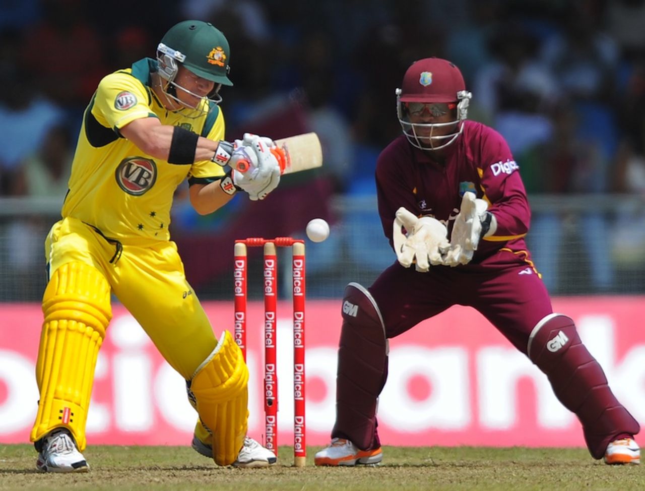 David Warner goes back to cut during his innings of 40, West Indies v Australia, 1st ODI, St Vincent, March 16, 2012