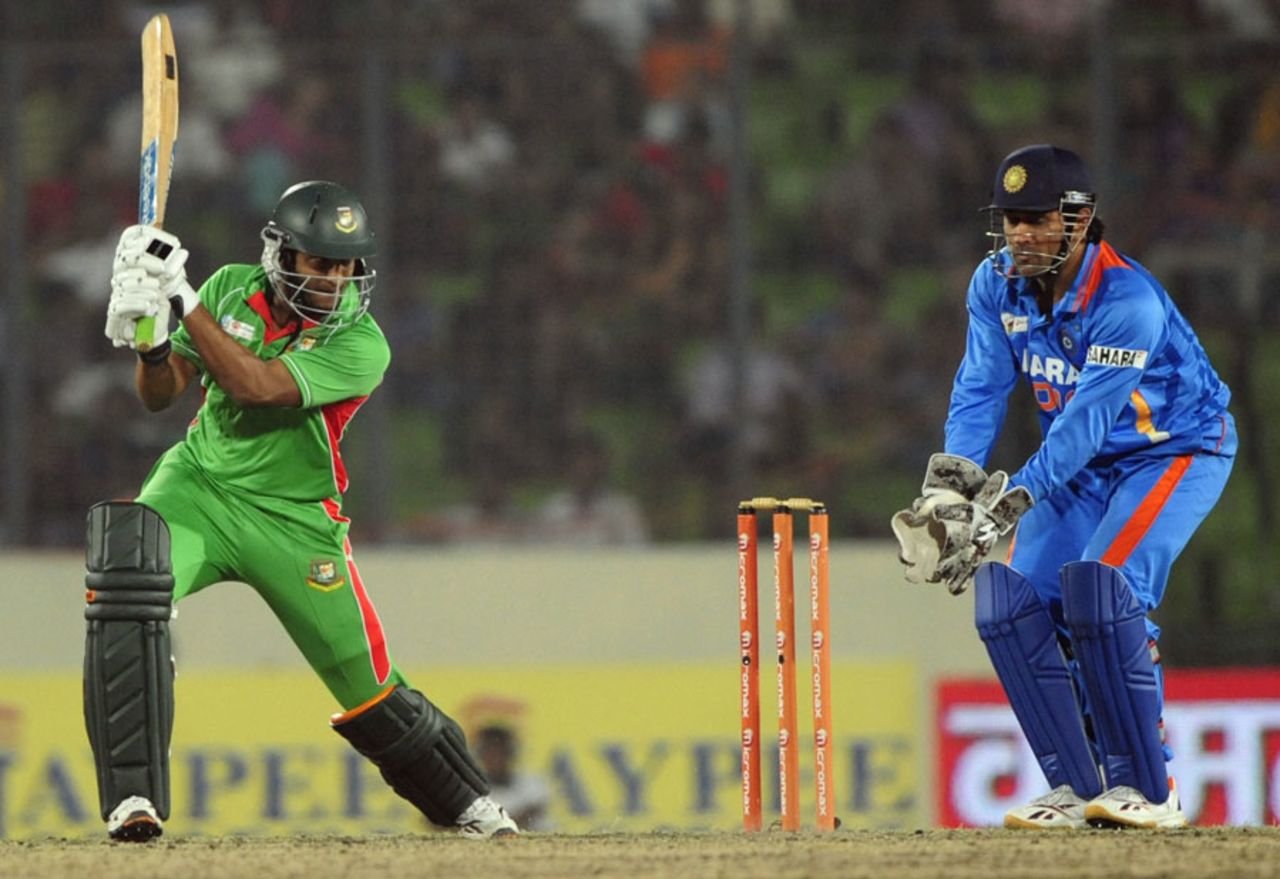 Shakib Al Hasan plays a drive, Bangladesh v India, Asia Cup, Mirpur, March 16, 2012
