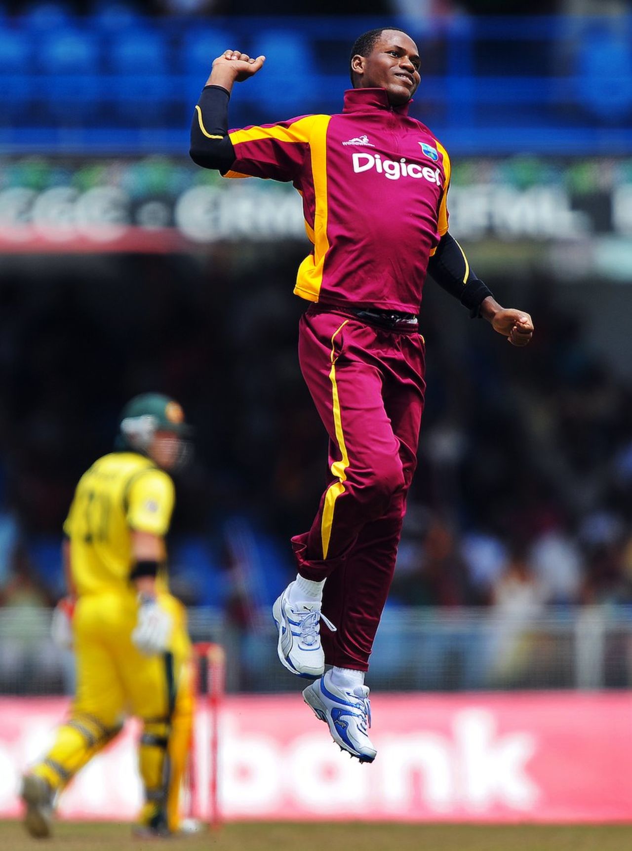Marlon Samuels celebrates Peter Forrest's wicket, West Indies v Australia, 1st ODI, St Vincent, March 16, 2012