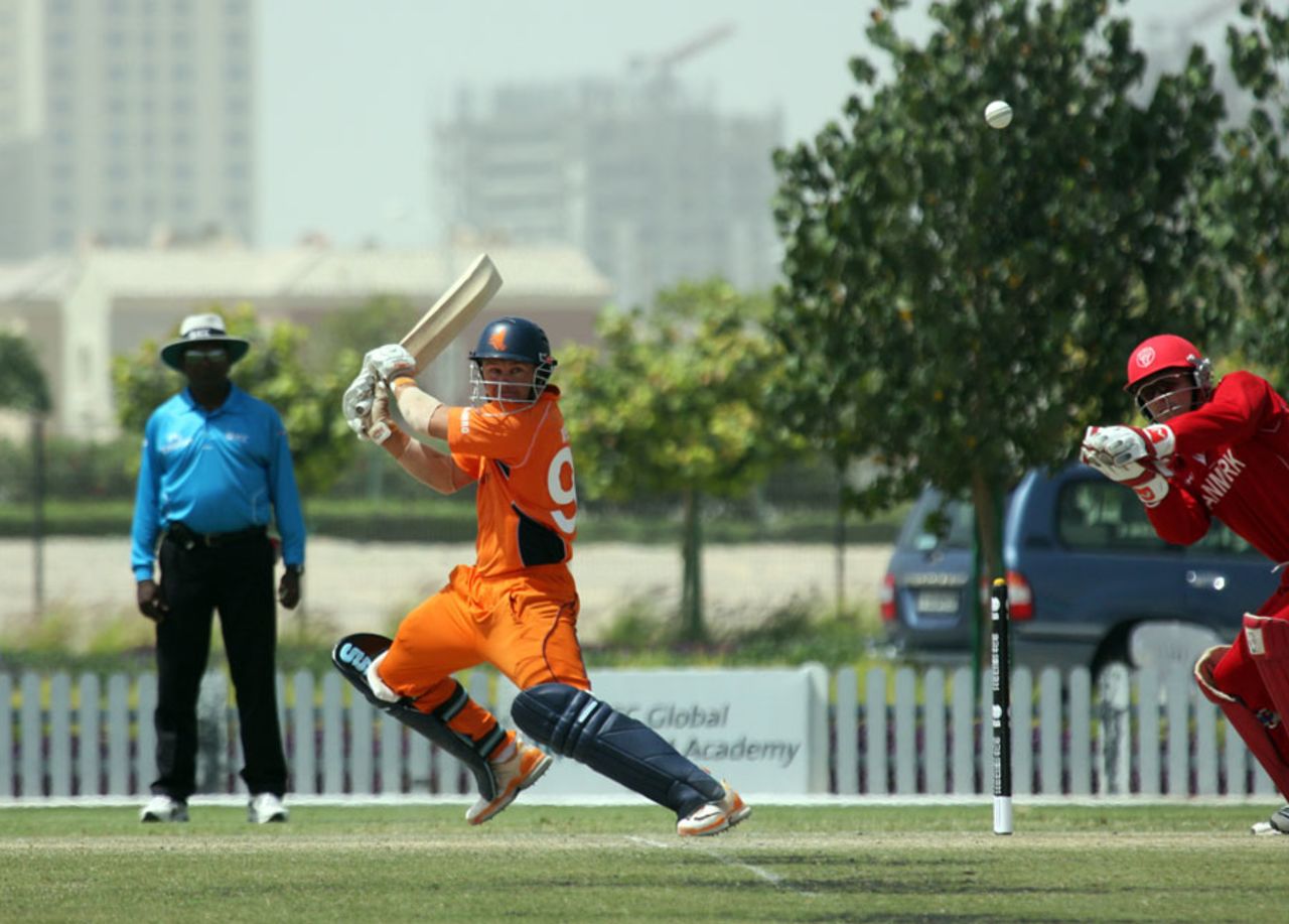 Stephan Myburgh plays a shot square of the wicket on his way to fifty, Denmark v Netherlands, ICC World Twenty20 Qualifier, Dubai, March 16, 2012