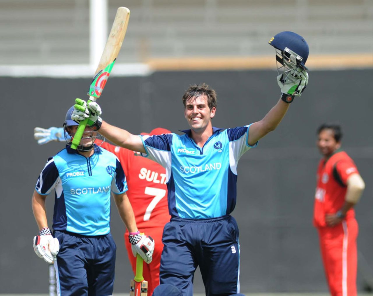 Calum MacLeod acknowledges his century against Oman, Scotland v Oman, ICC World Twenty20 Qualifier, Sharjah, March 16, 2012