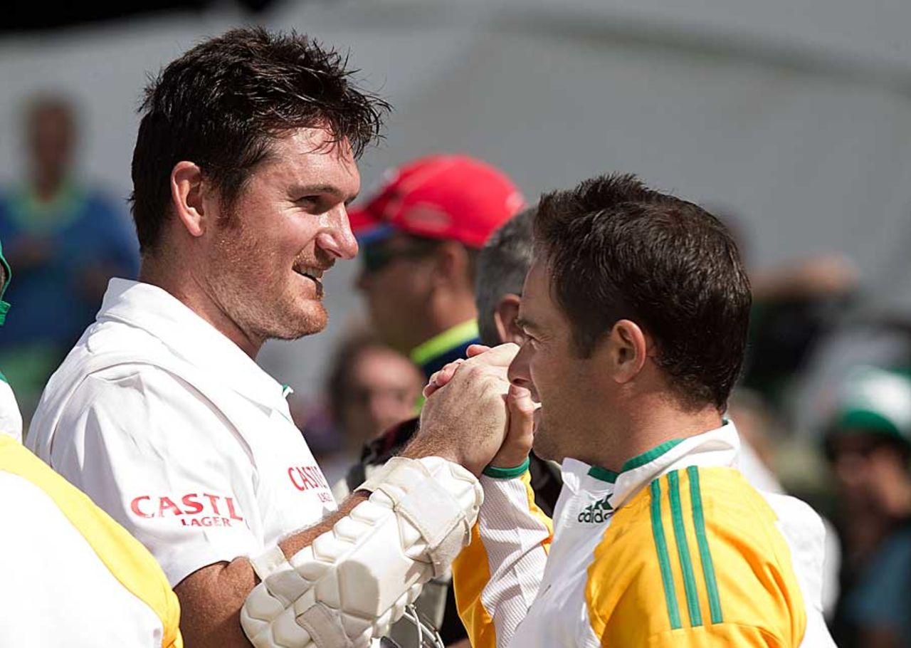 Graeme Smith celebrates South Africa's victory with Mark Boucher, New Zealand v South Africa, 2nd Test, Hamilton, 3rd day, March 17, 2012