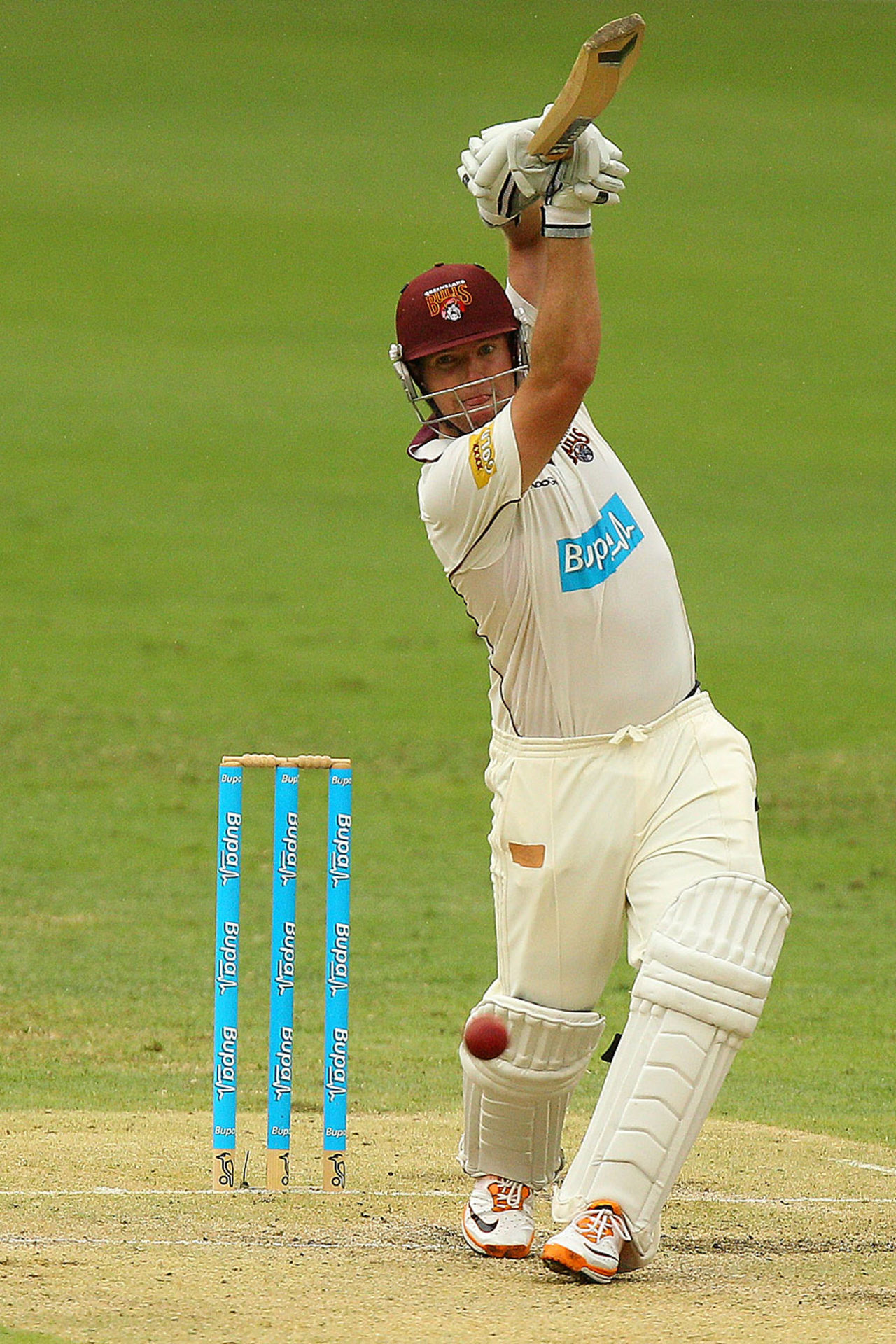 James Hopes drives on his way to a half-century, Queensland v Tasmania, Sheffield Shield Final, 2nd day, Brisbane, March 17 2012