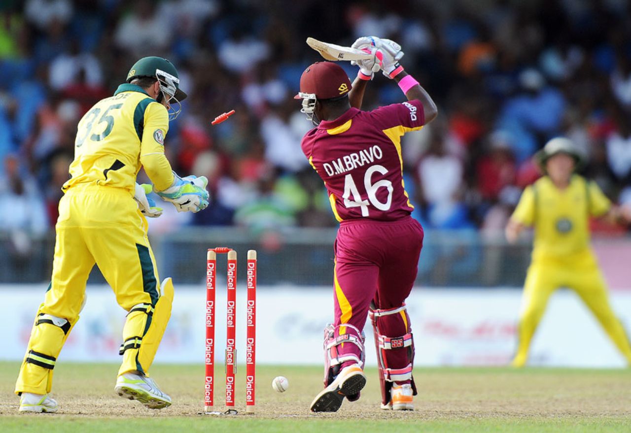Darren Bravo is bowled via an inside edge by Xavier Doherty, West Indies v Australia, 2nd ODI, St Vincent, March 18, 2012