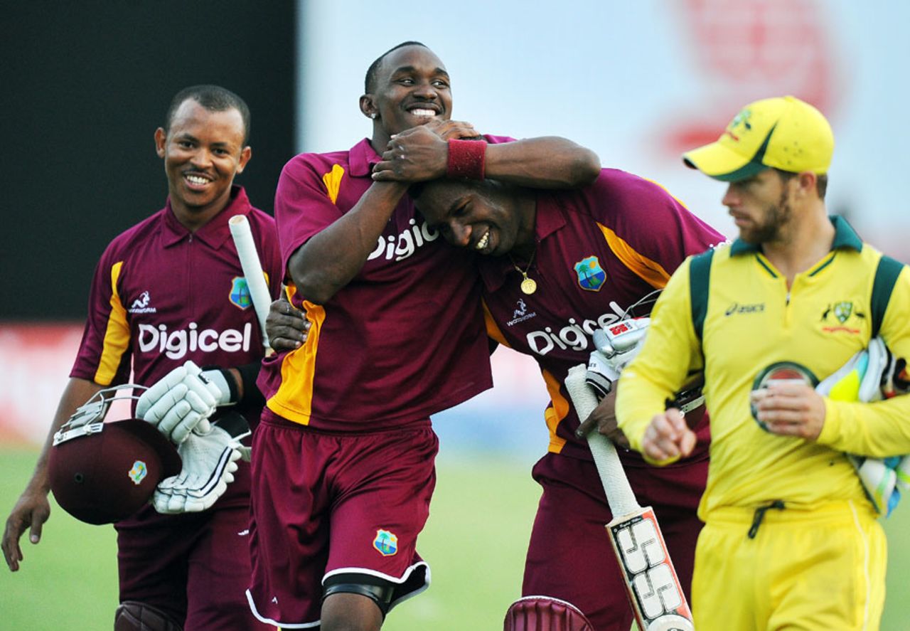 Carlton Baugh, Dwayne Bravo and Kieron Pollard celebrate victory, West Indies v Australia, 2nd ODI, St Vincent, March 18, 2012