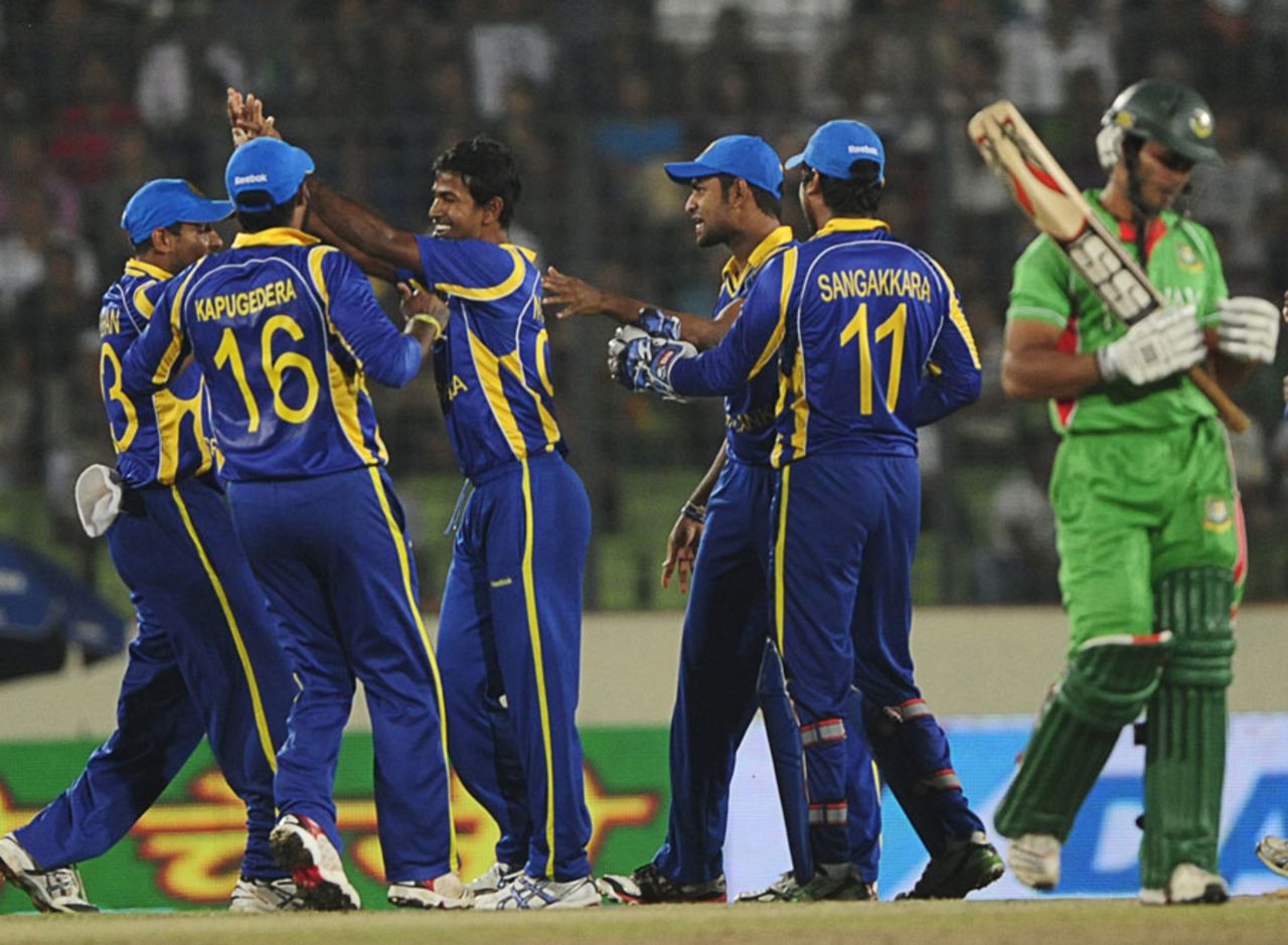 Nuwan Kulasekara is congratulated on dismissing Nazimuddin, Bangladesh v Sri Lanka, Asia Cup, Mirpur, March 20, 2012