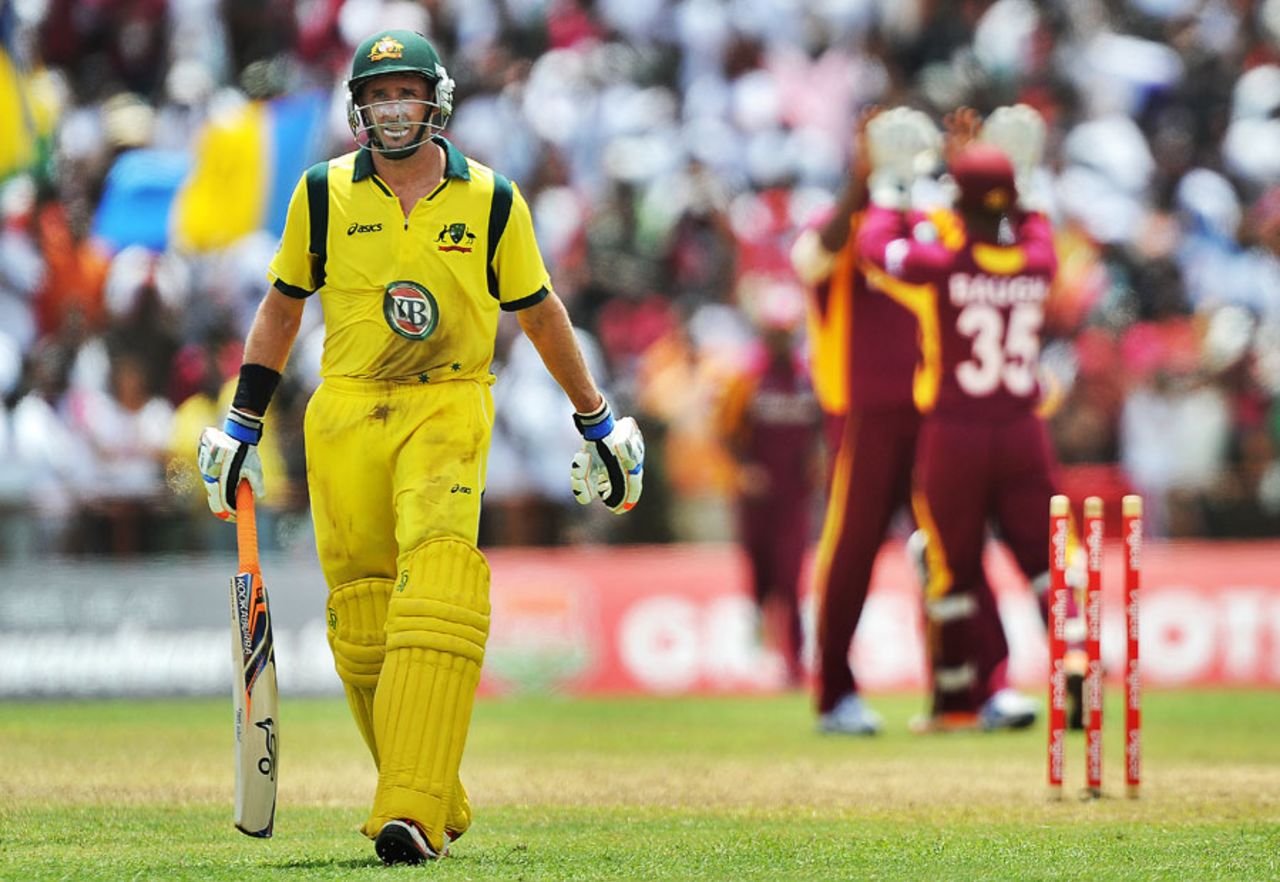 Michael Hussey leaves the field after being stumped, West Indies v Australia, 3rd ODI, St Vincent, March 20, 2012