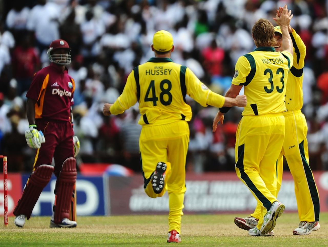 Shane Watson celebrates after trapping Marlon Samuels lbw, West Indies v Australia, 3rd ODI, St Vincent, March 20, 2012