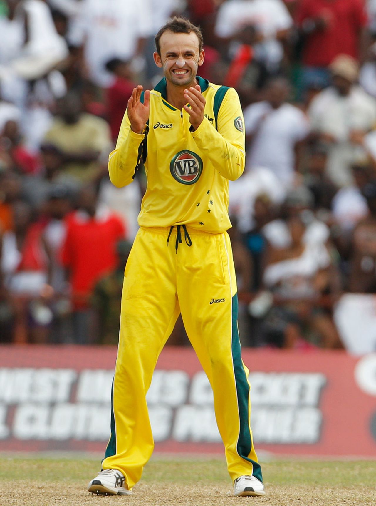 Nathan Lyon acknowledges taking the wicket of Kieron Pollard, West Indies v Australia, 3rd ODI, St Vincent, March 20, 2012