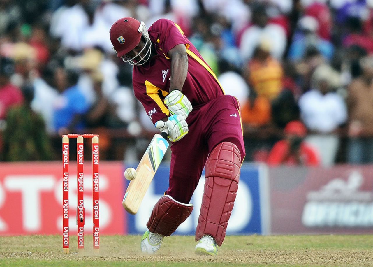 Andre Russell strikes a six early on in his innings, West Indies v Australia, 3rd ODI, St Vincent, March 20, 2012