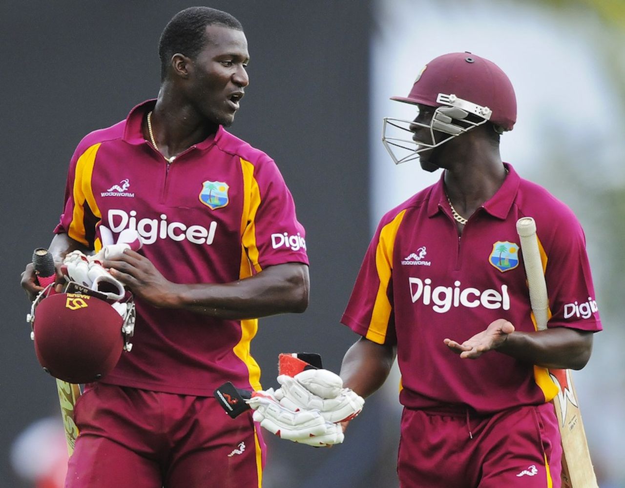 Darren Sammy and Kemar Roach walk off after the match is tied, West Indies v Australia, 3rd ODI, St Vincent, March 20, 2012