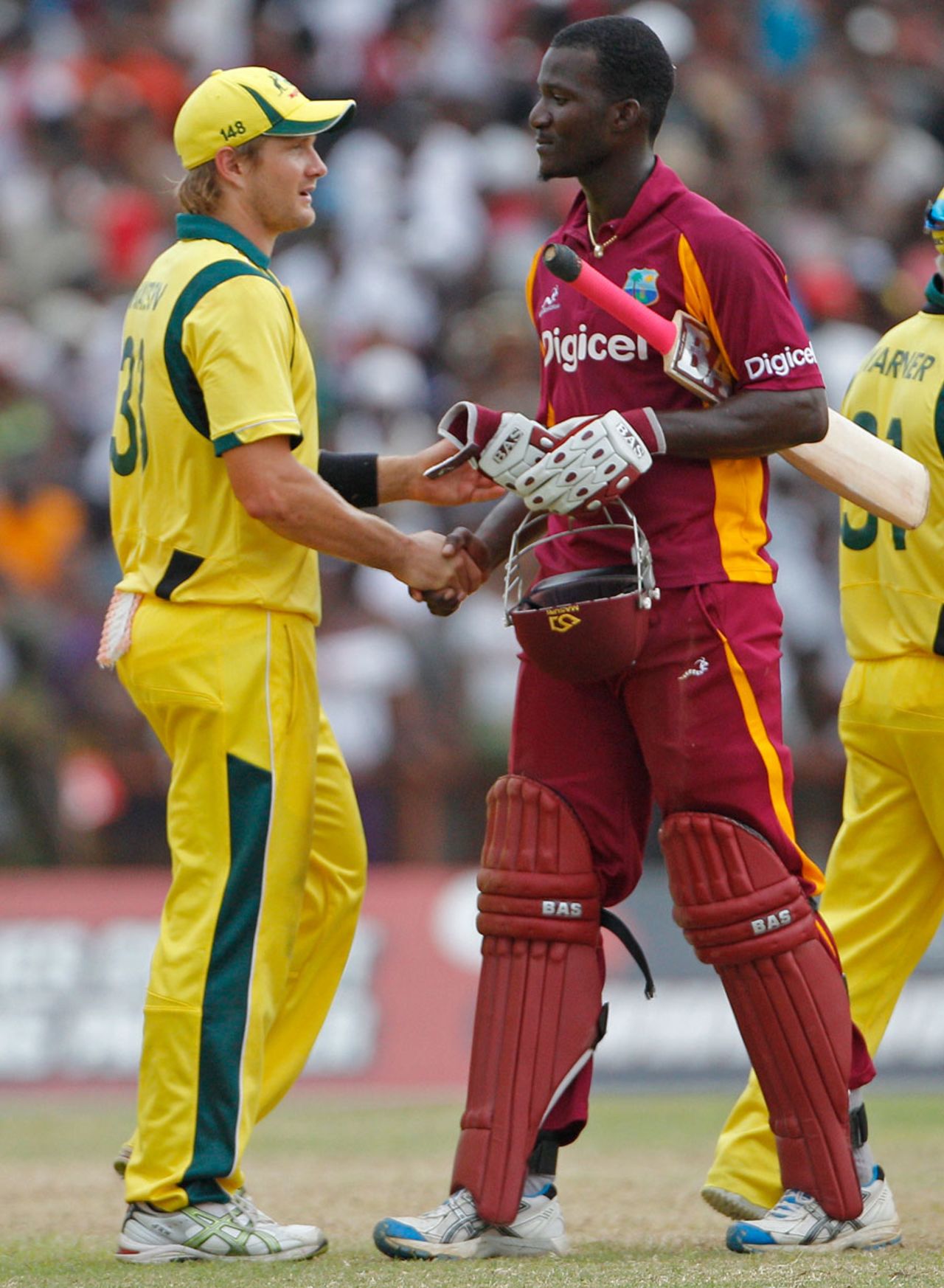 Shane Watson and Darren Sammy shake hands after the game is tied, West Indies v Australia, 3rd ODI, St Vincent, March 20, 2012