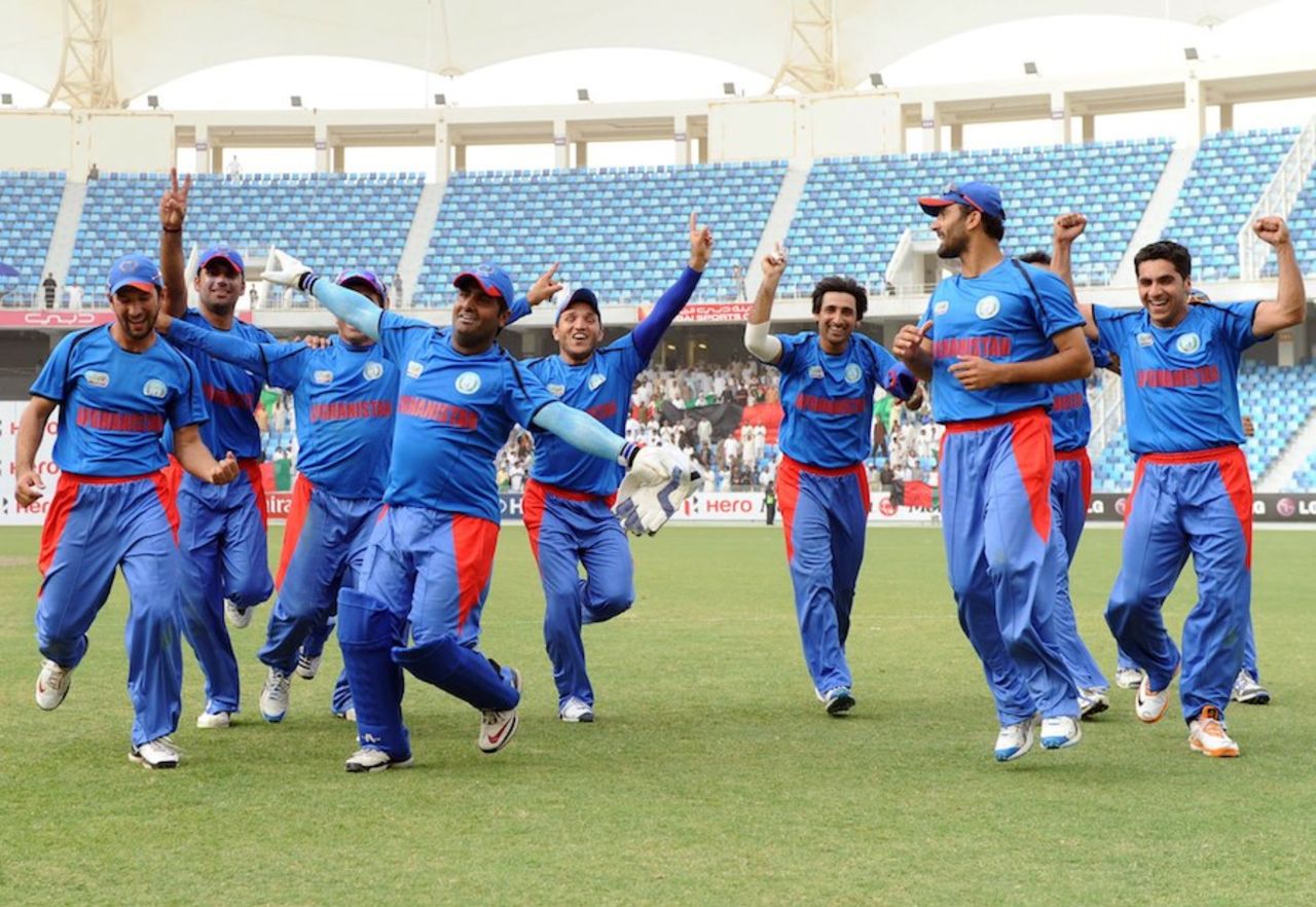 Afghanistan's players celebrate their qualification for the ICC World Twenty20, Afghanistan v Namibia, ICC World Twenty20 Qualifier, Dubai, March 22, 2012