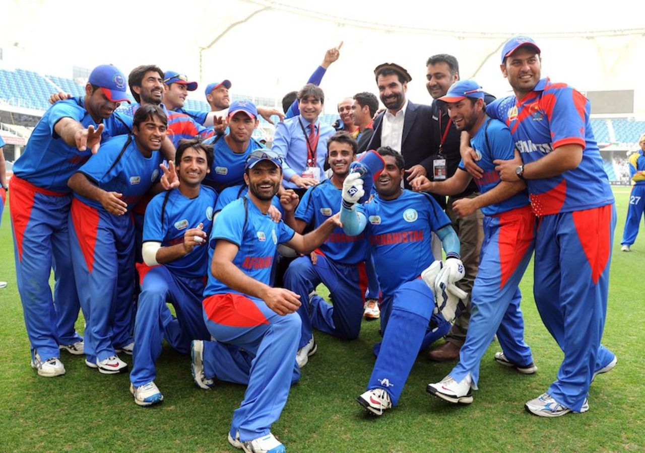 Afghanistan celebrate their win against Namibia and their qualification for the ICC World Twenty20, Afghanistan v Namibia, ICC World Twenty20 Qualifier, Dubai, March 22, 2012