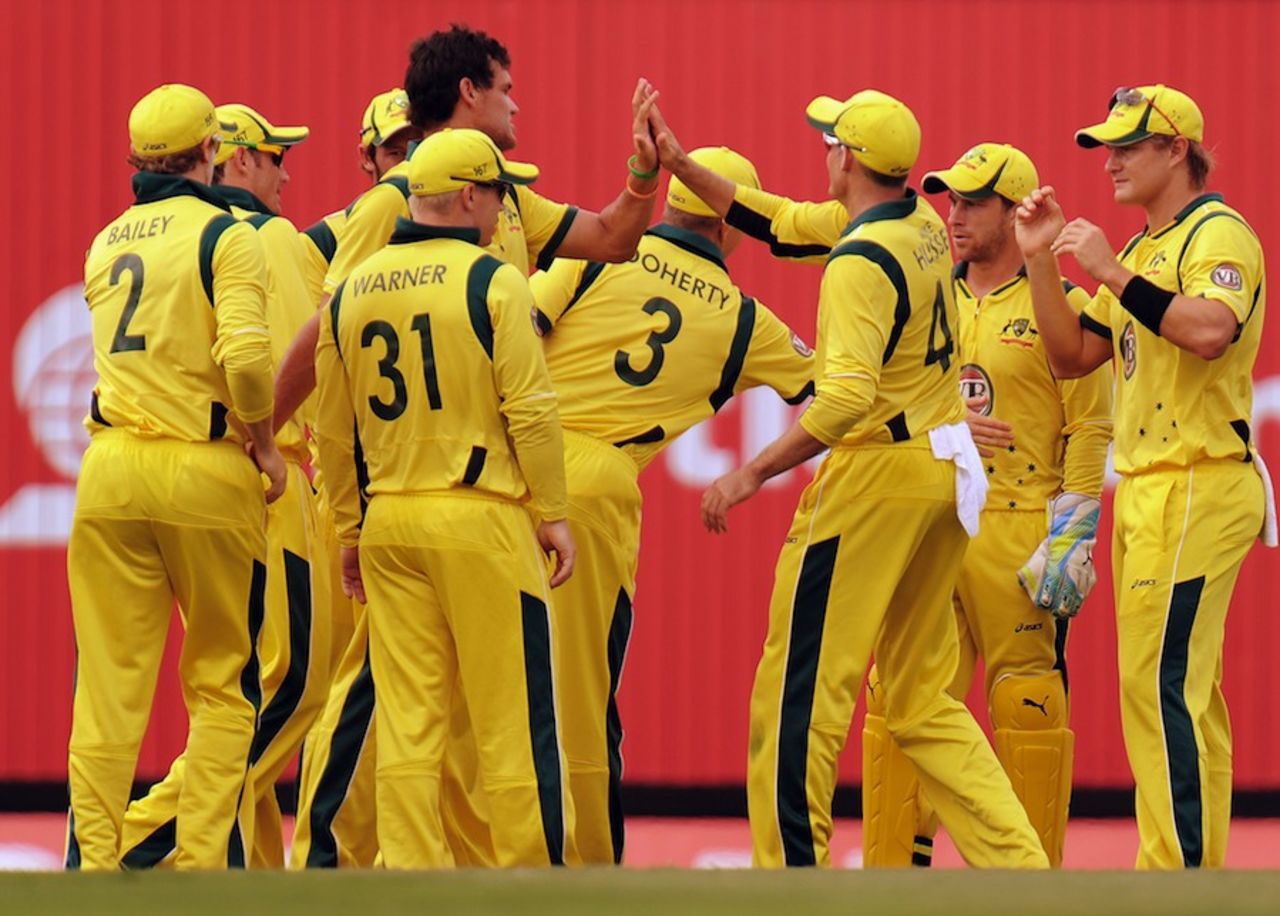 Clint McKay celebrates his 50th ODI wicket, West Indies v Australia, 4th ODI, Gros Islet, March 23, 2012